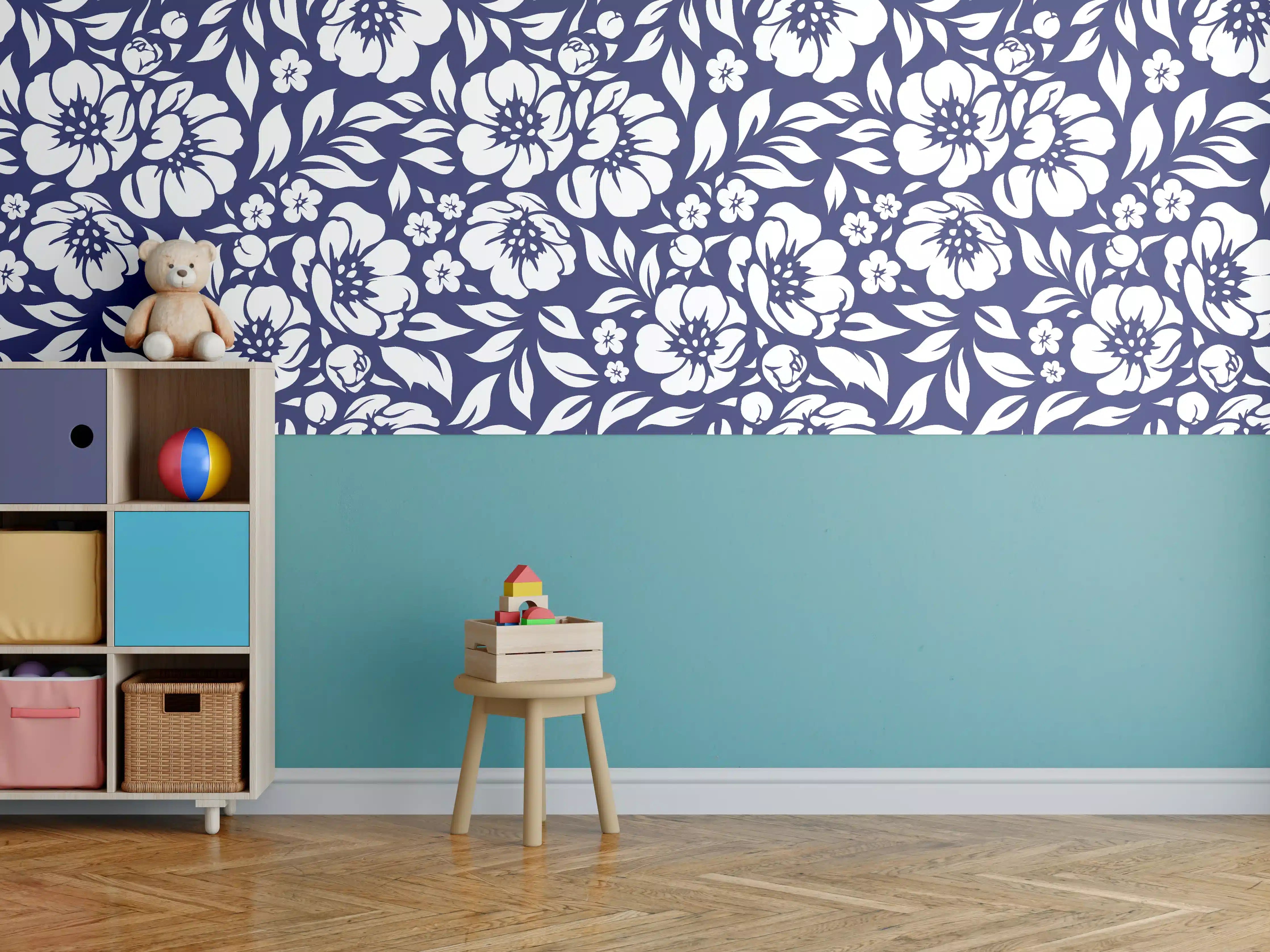 Kinderzimmer Wandgestaltung - Blumenmuster in Blau und Weiß