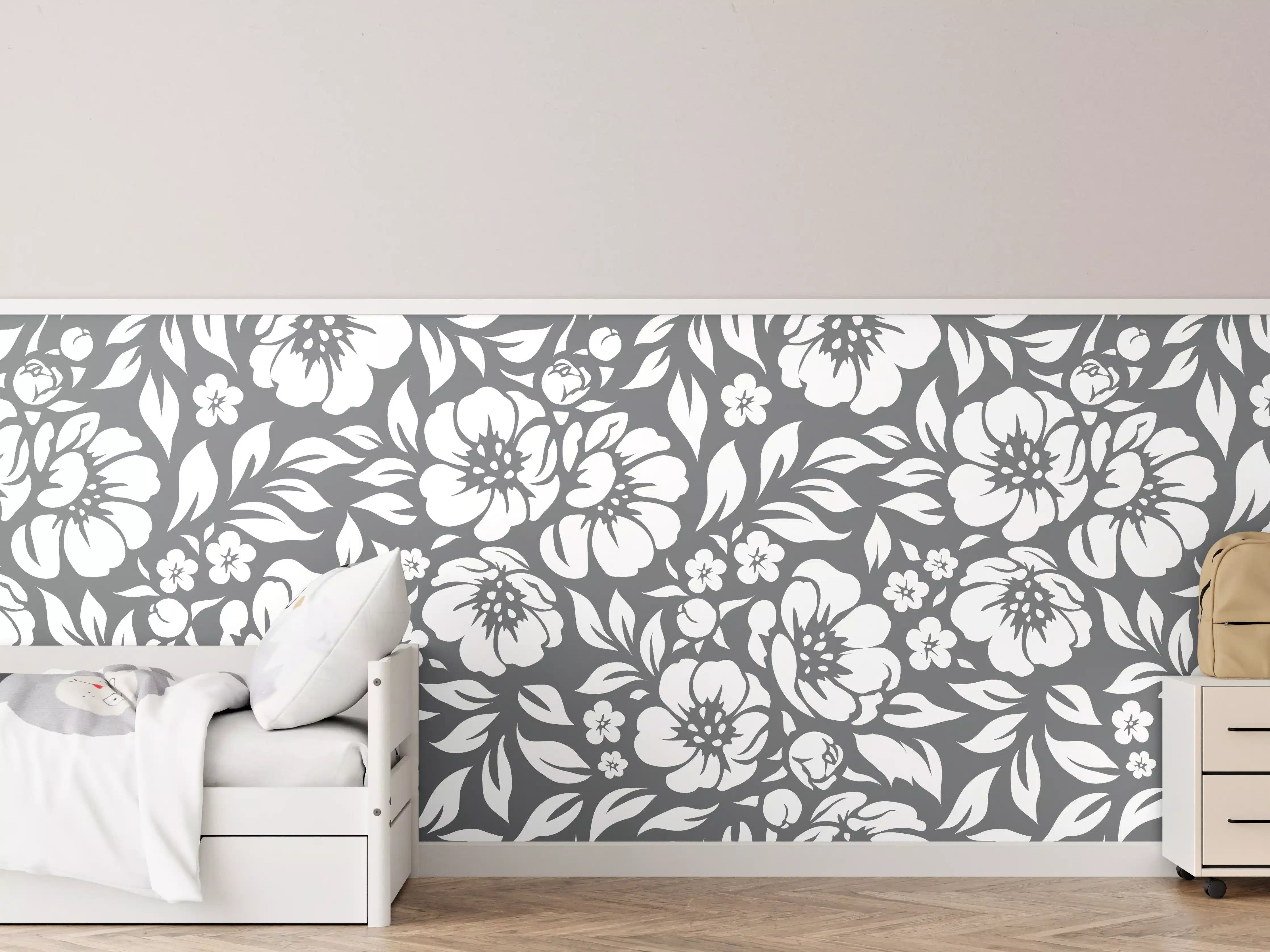 Kinderzimmer Wandgestaltung - Blumenmuster in Grau und Weiß