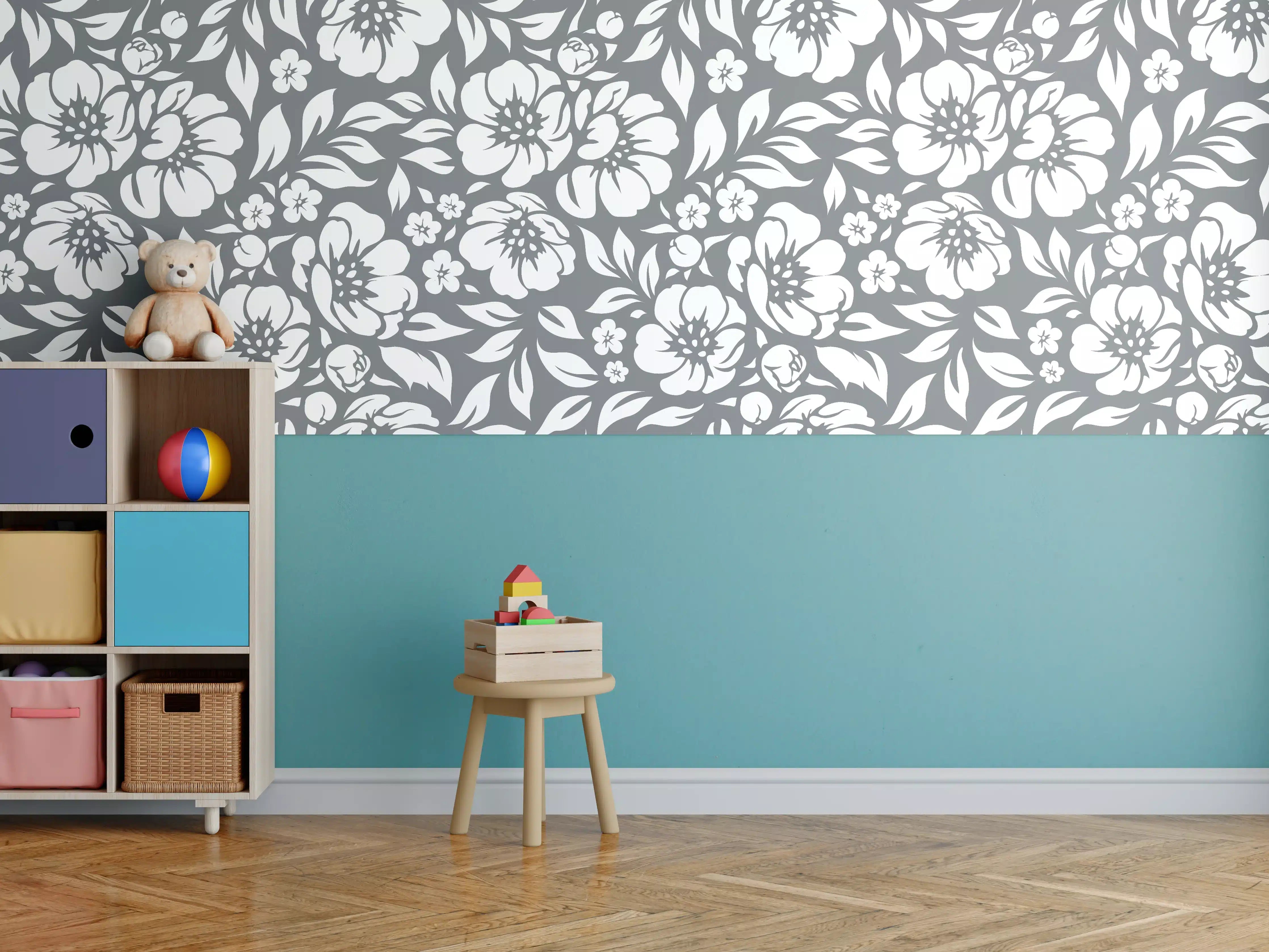 Kinderzimmer Wandgestaltung - Blumenmuster in Grau und Weiß