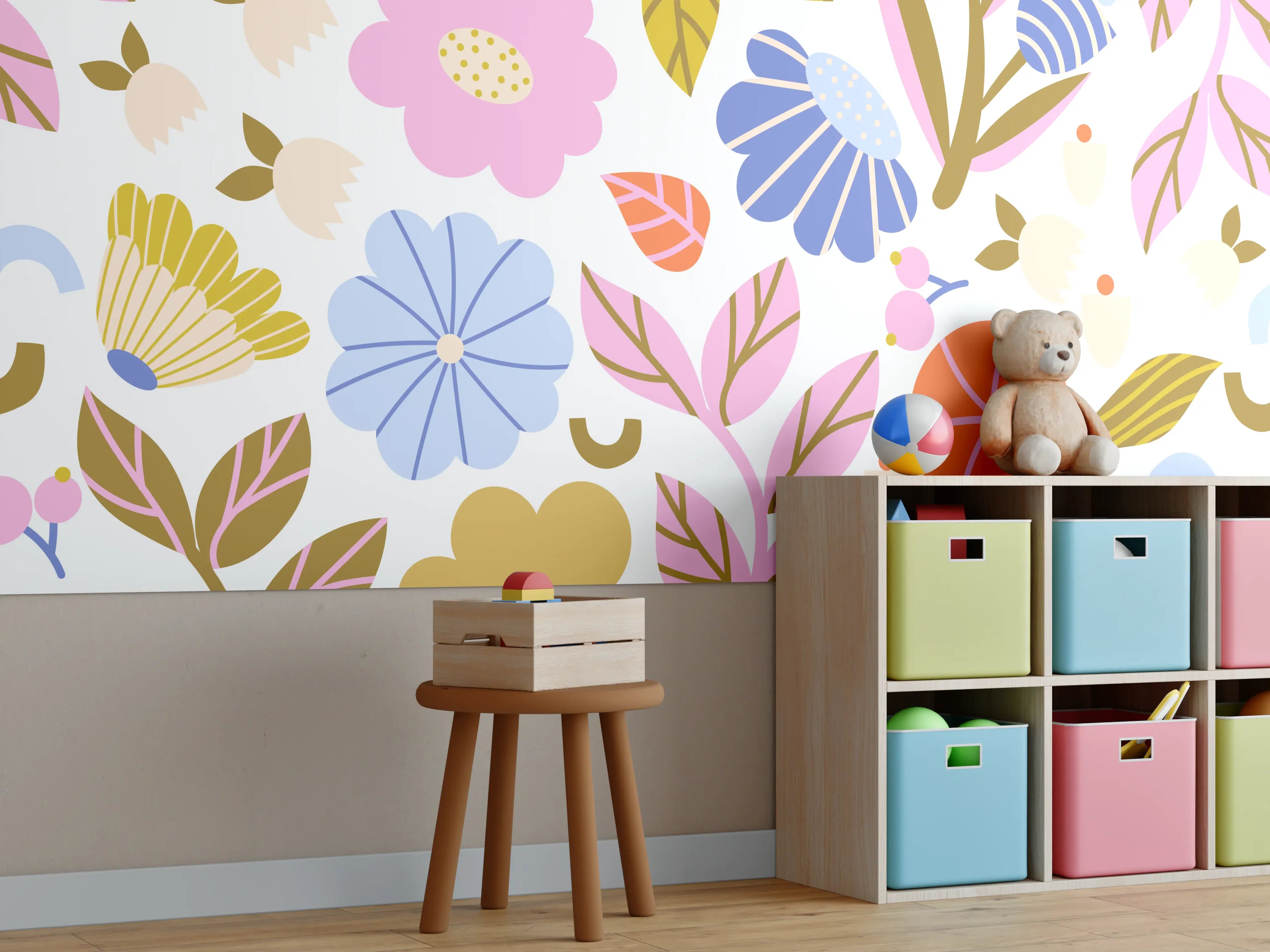Kinderzimmer Wandgestaltung - Blumenmuster in sanften Pastelltönen