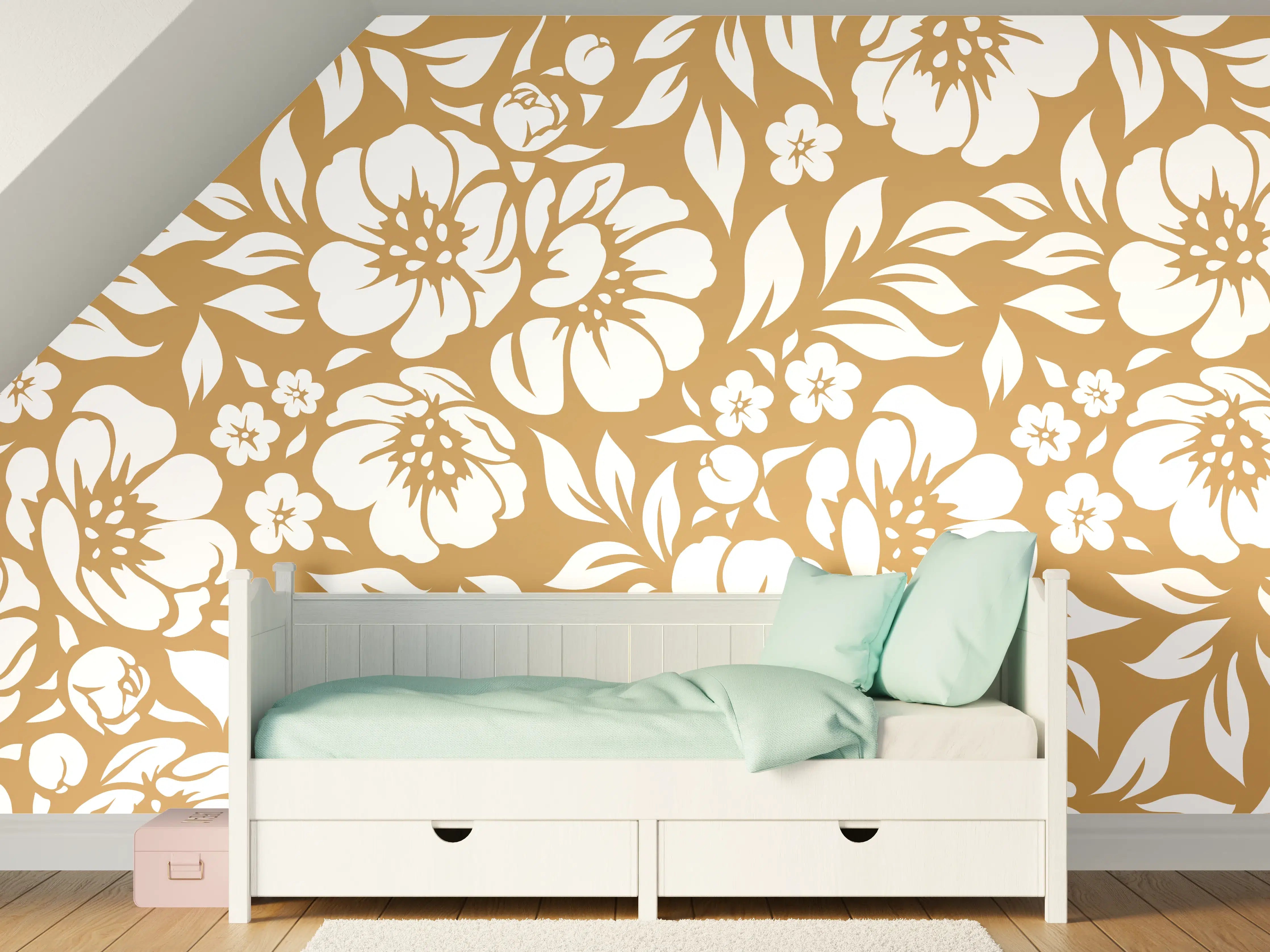 Kinderzimmer Wandgestaltung - Blumenmuster in warmem Ocra-Ton
