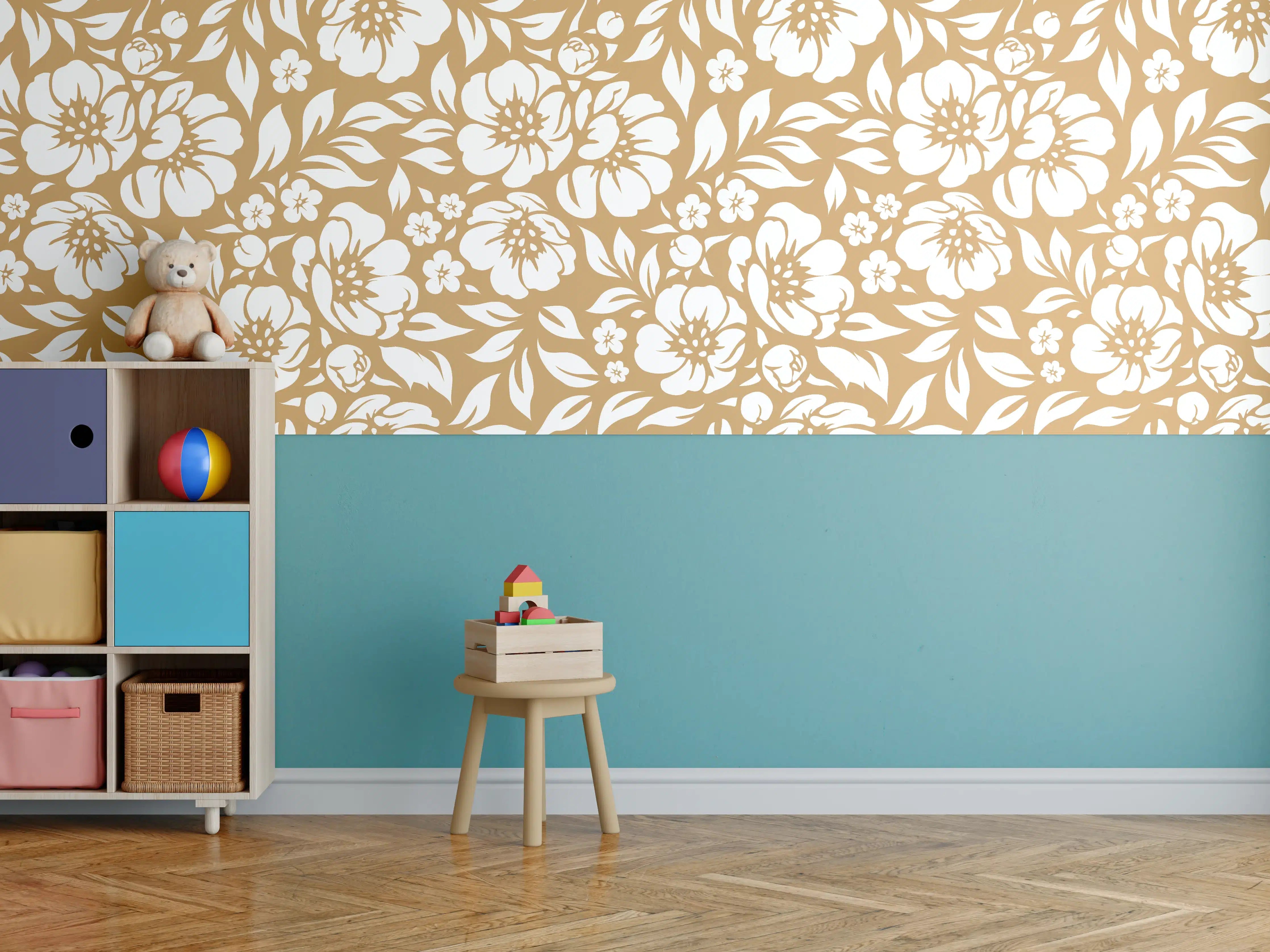 Kinderzimmer Wandgestaltung - Blumenmuster in warmem Ocra-Ton