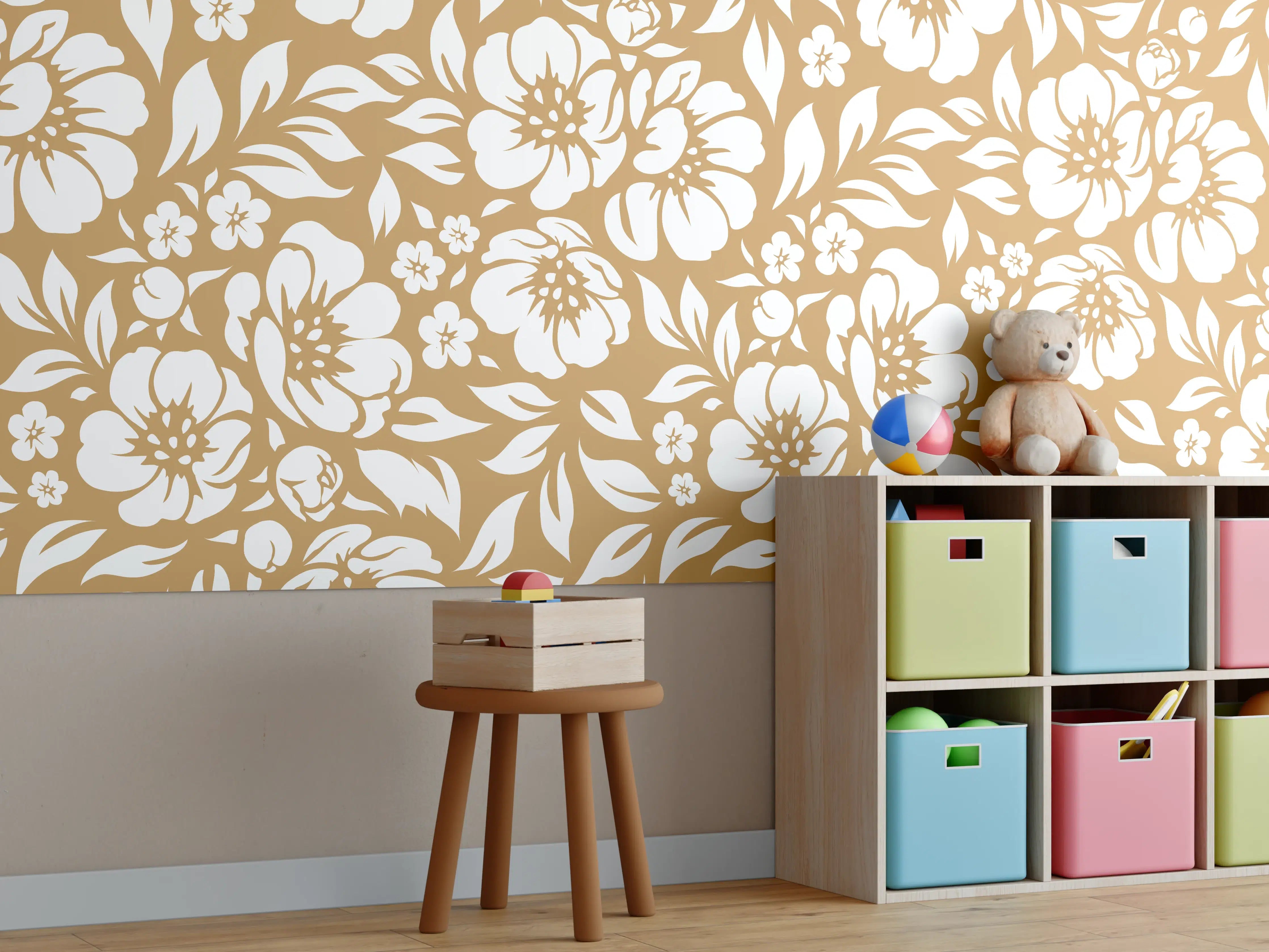 Kinderzimmer Wandgestaltung - Blumenmuster in warmem Ocra-Ton