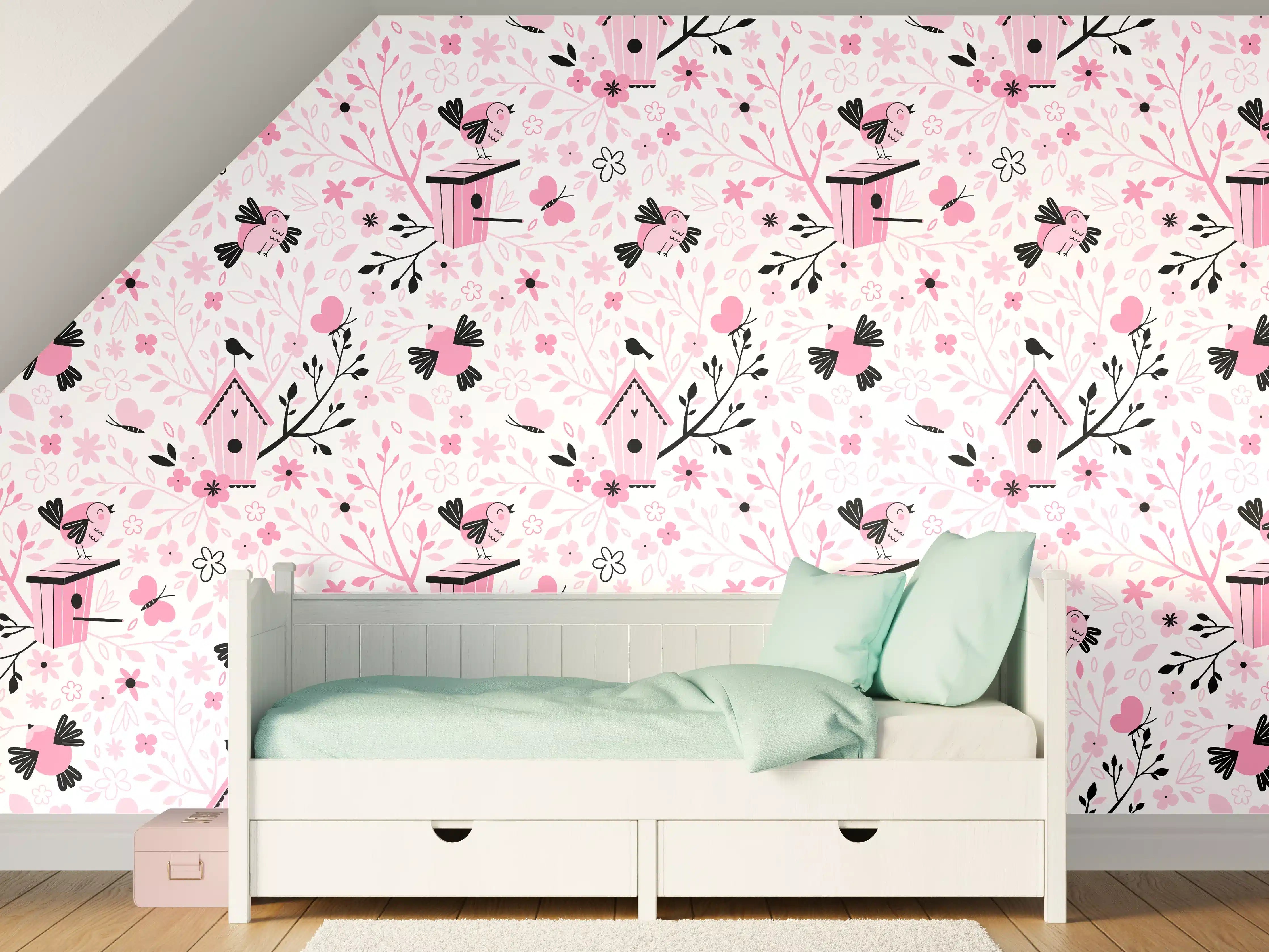 Kinderzimmer Wandgestaltung - Blumenmuster mit Vögeln und Bäumen