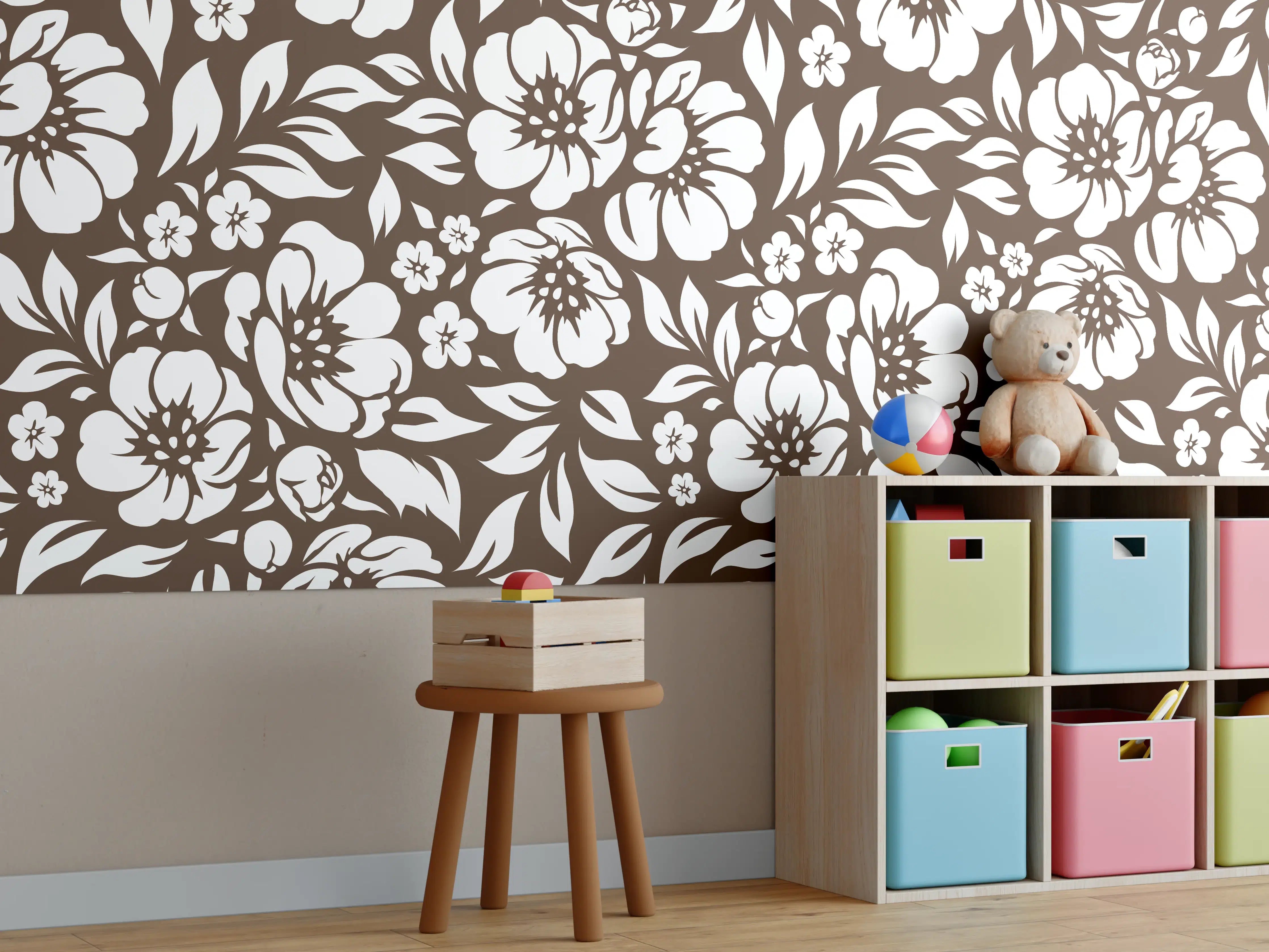 Kinderzimmer Wandgestaltung - Blumenmuster mit braunen Akzenten