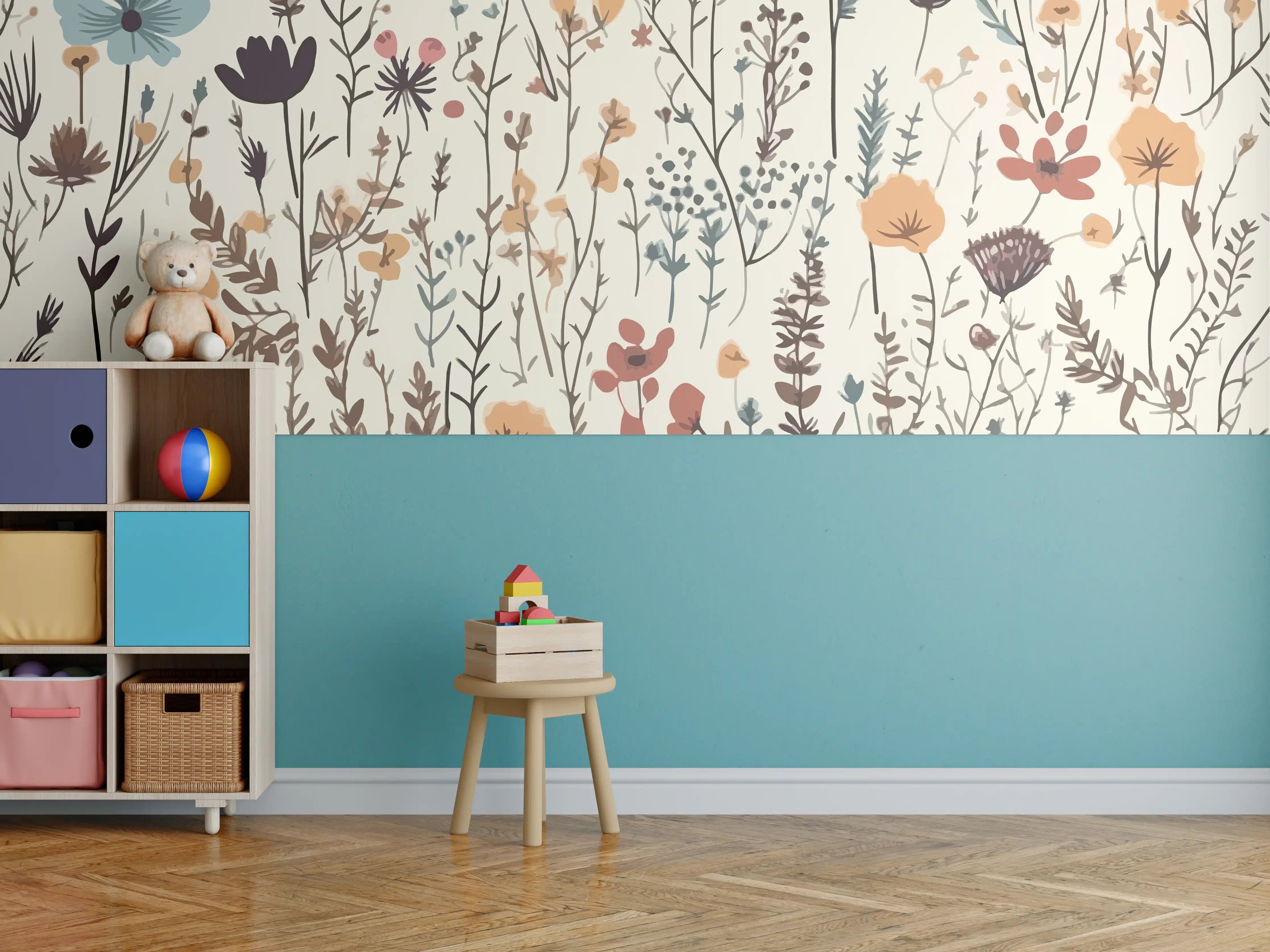 Kinderzimmer Wandgestaltung - Blumenmuster mit zarten Farbtönen
