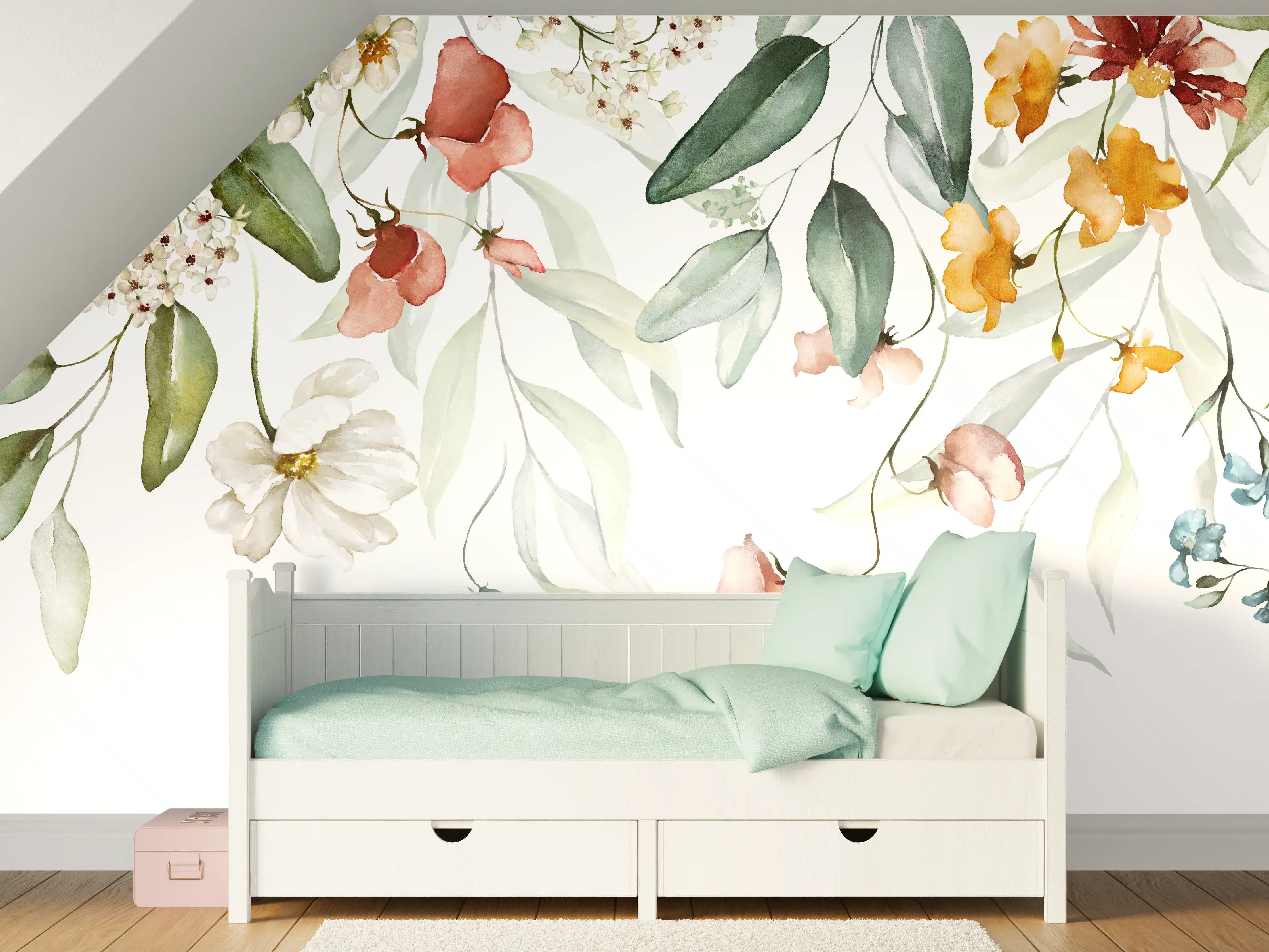 Kinderzimmer Wandgestaltung - Blumenstrauß-Bordüre auf weißem Grund