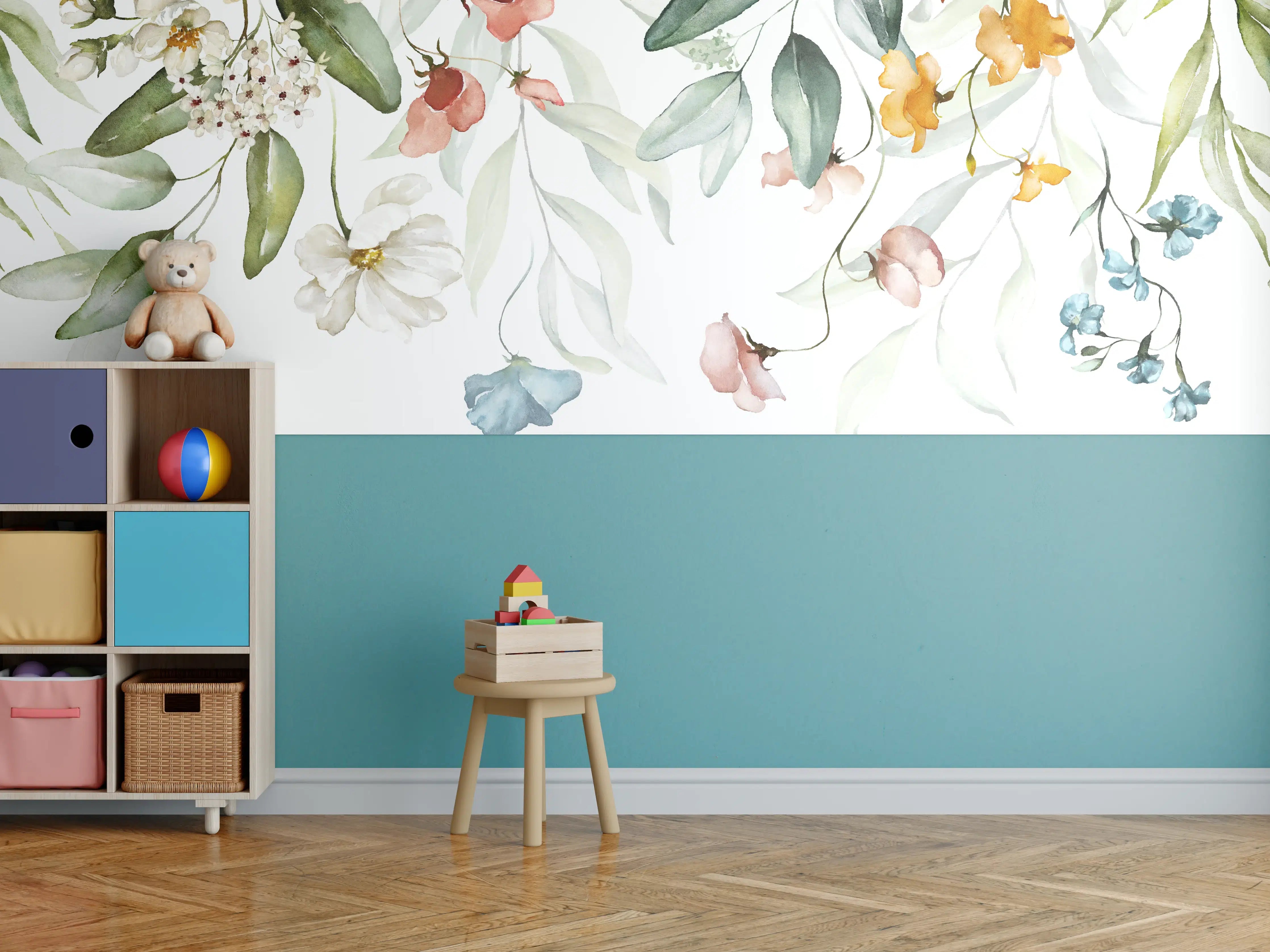 Kinderzimmer Wandgestaltung - Blumenstrauß-Bordüre auf weißem Grund