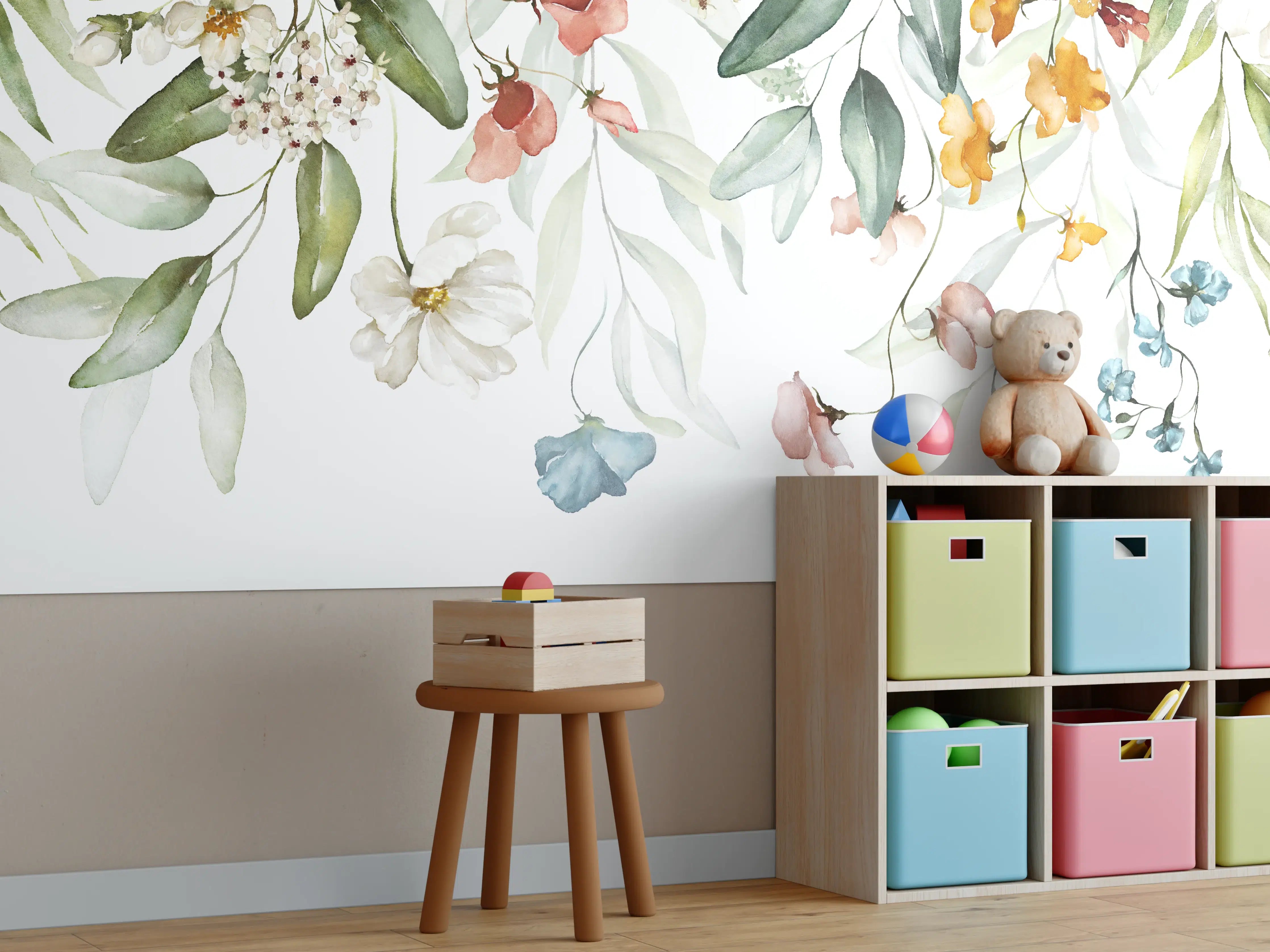 Kinderzimmer Wandgestaltung - Blumenstrauß-Bordüre auf weißem Grund