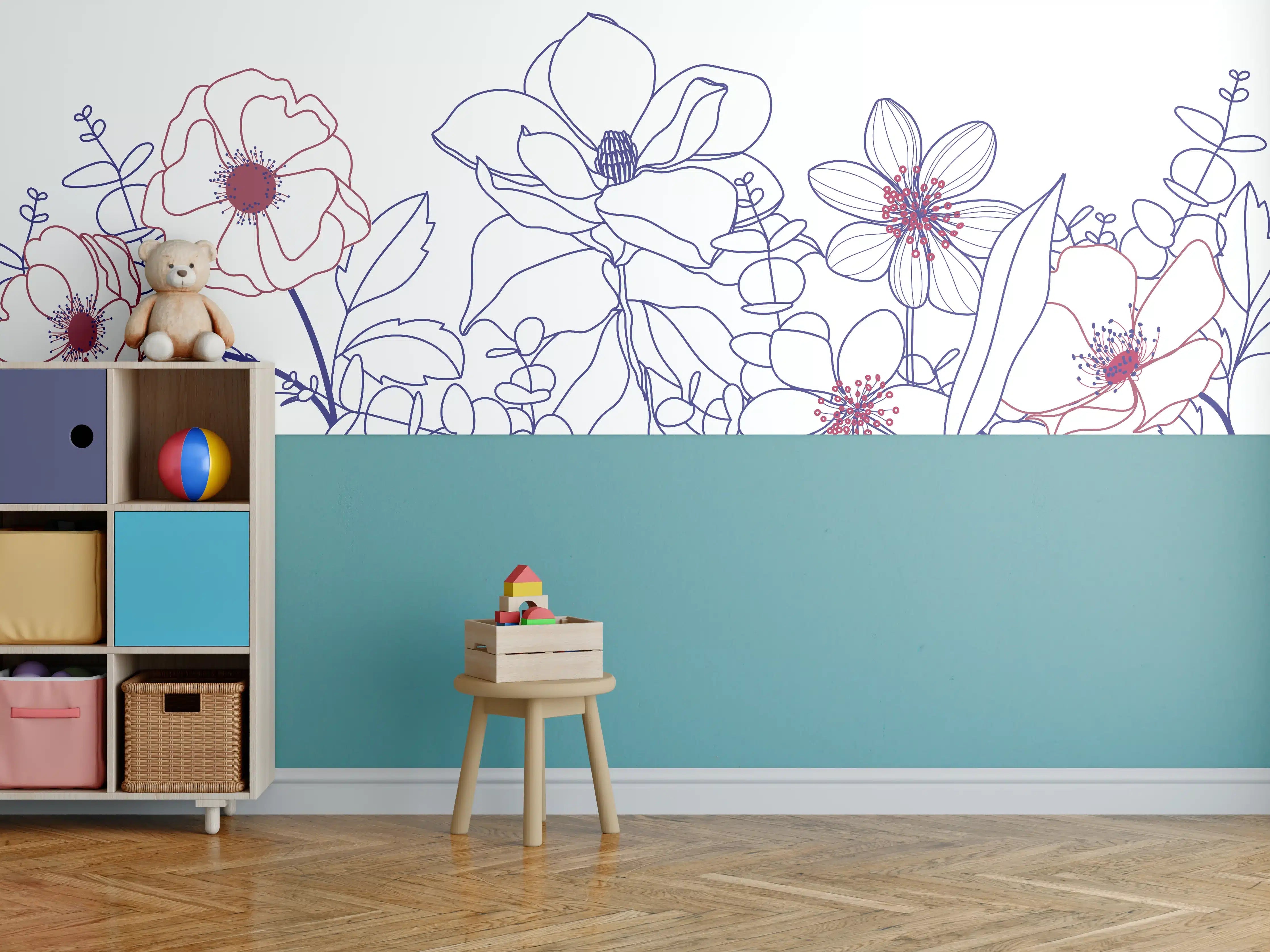 Kinderzimmer Wandgestaltung - Blumenstrauß Linienzeichnung Wanddekor