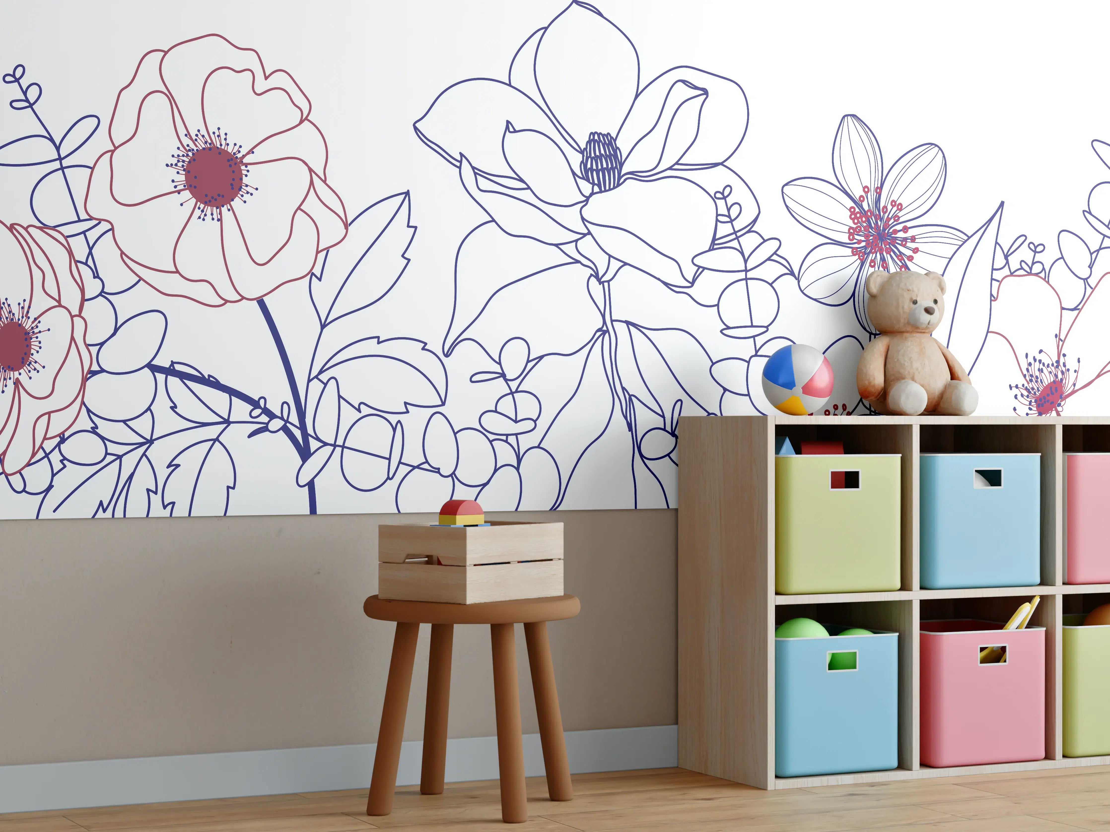 Kinderzimmer Wandgestaltung - Blumenstrauß Linienzeichnung Wanddekor