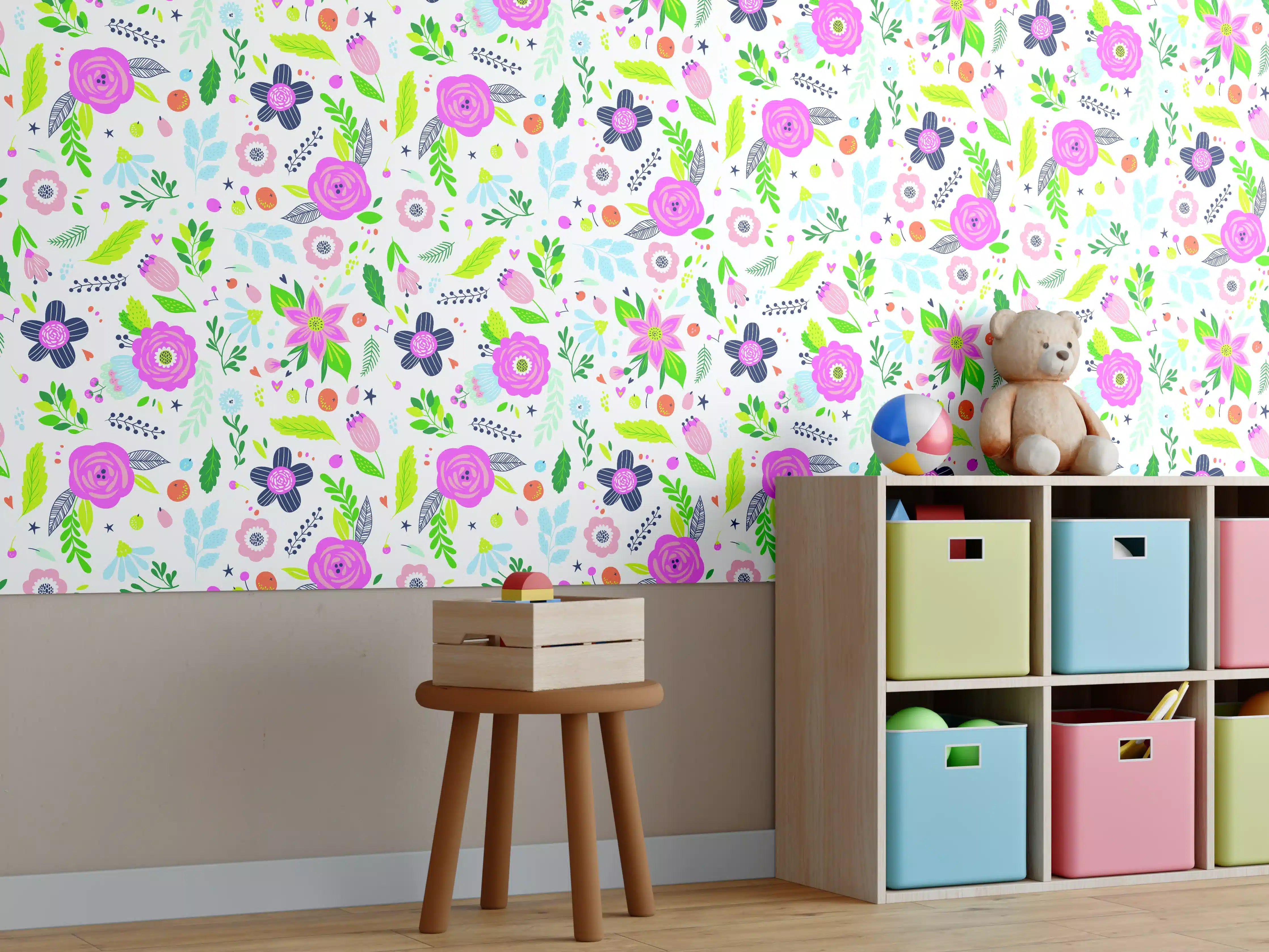 Kinderzimmer Wandgestaltung - Blumiges Muster in Pastellfarben