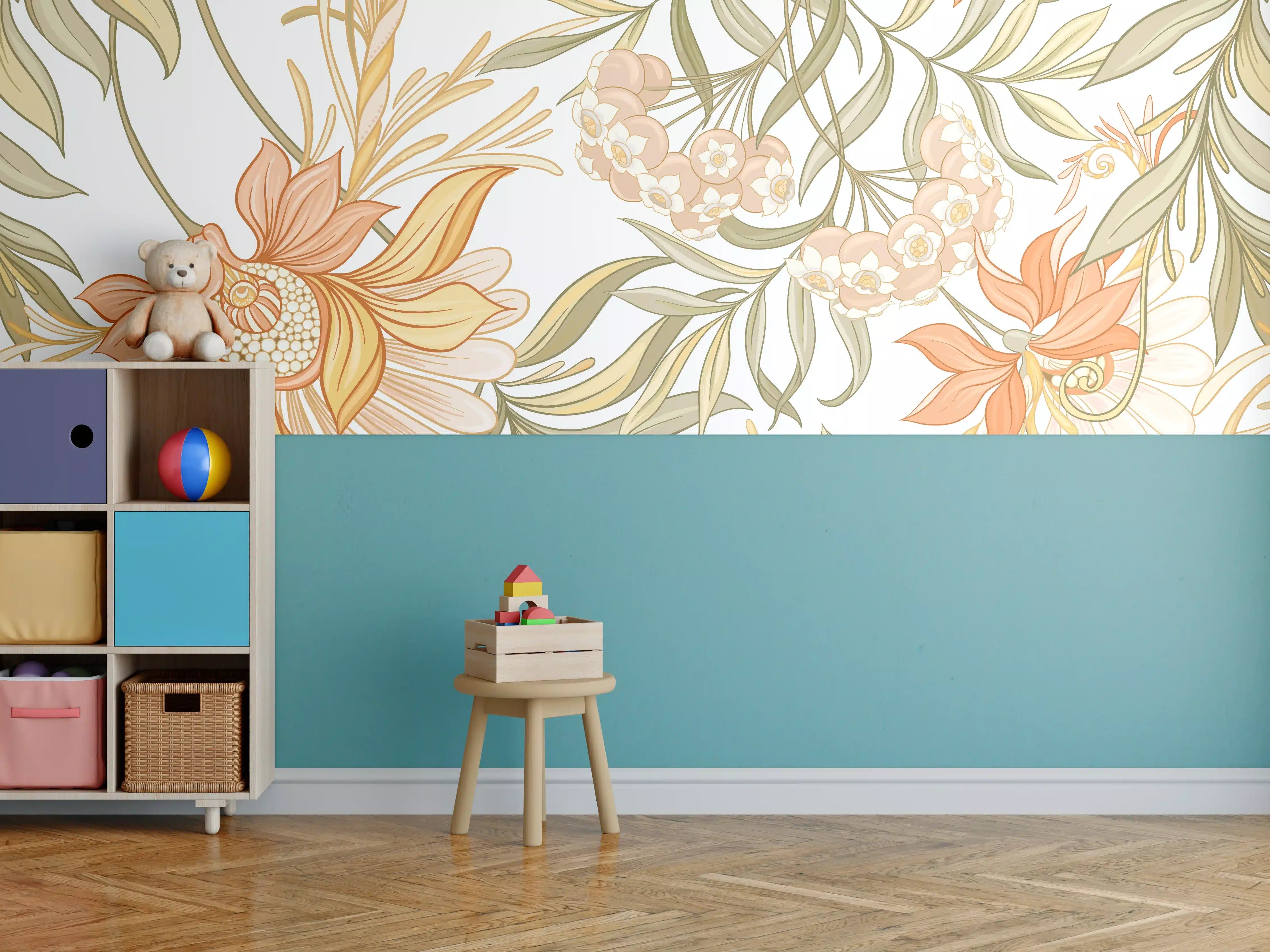 Kinderzimmer Wandgestaltung - Blumiges Muster in warmen Tönen