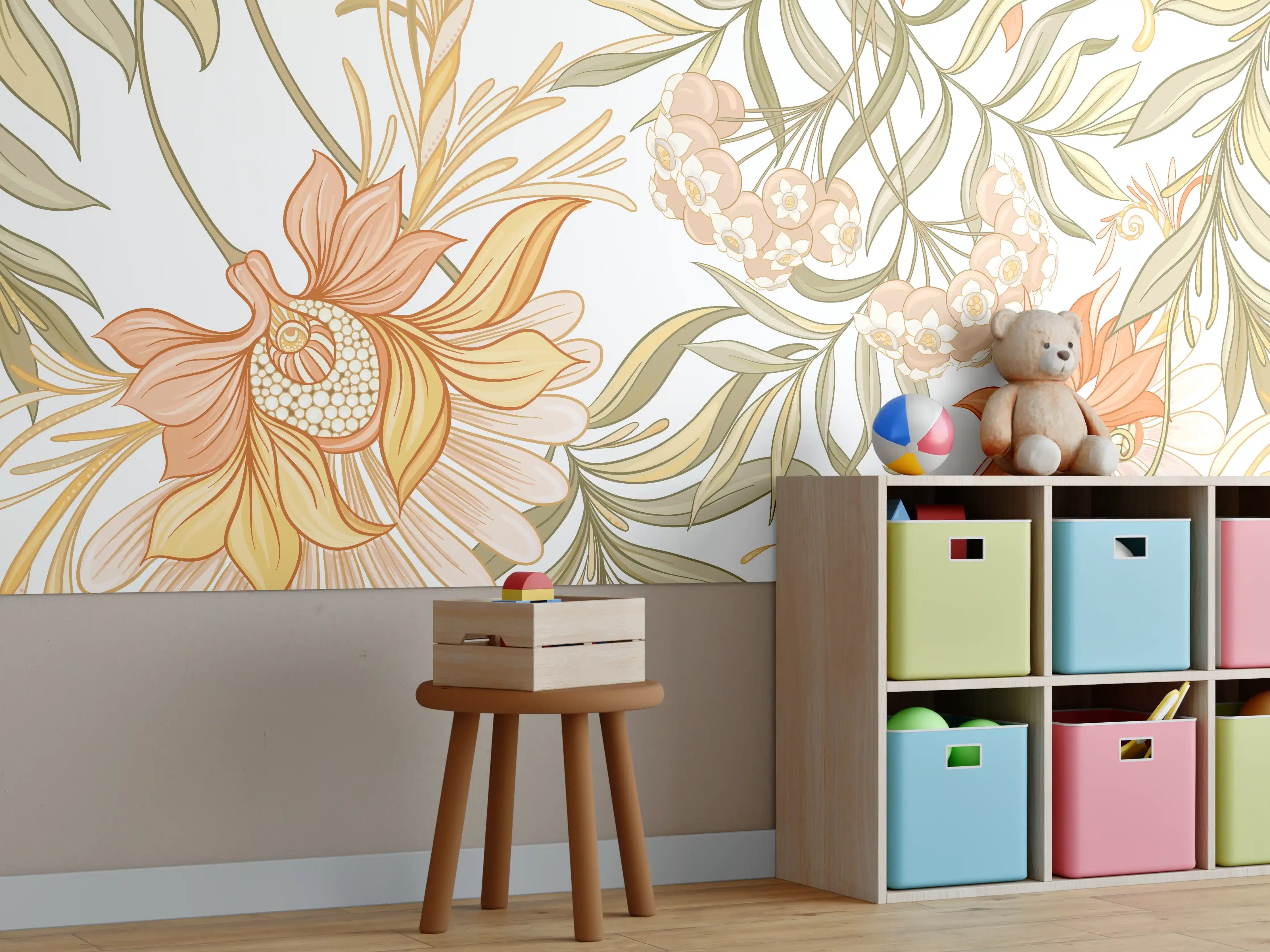 Kinderzimmer Wandgestaltung - Blumiges Muster in warmen Tönen