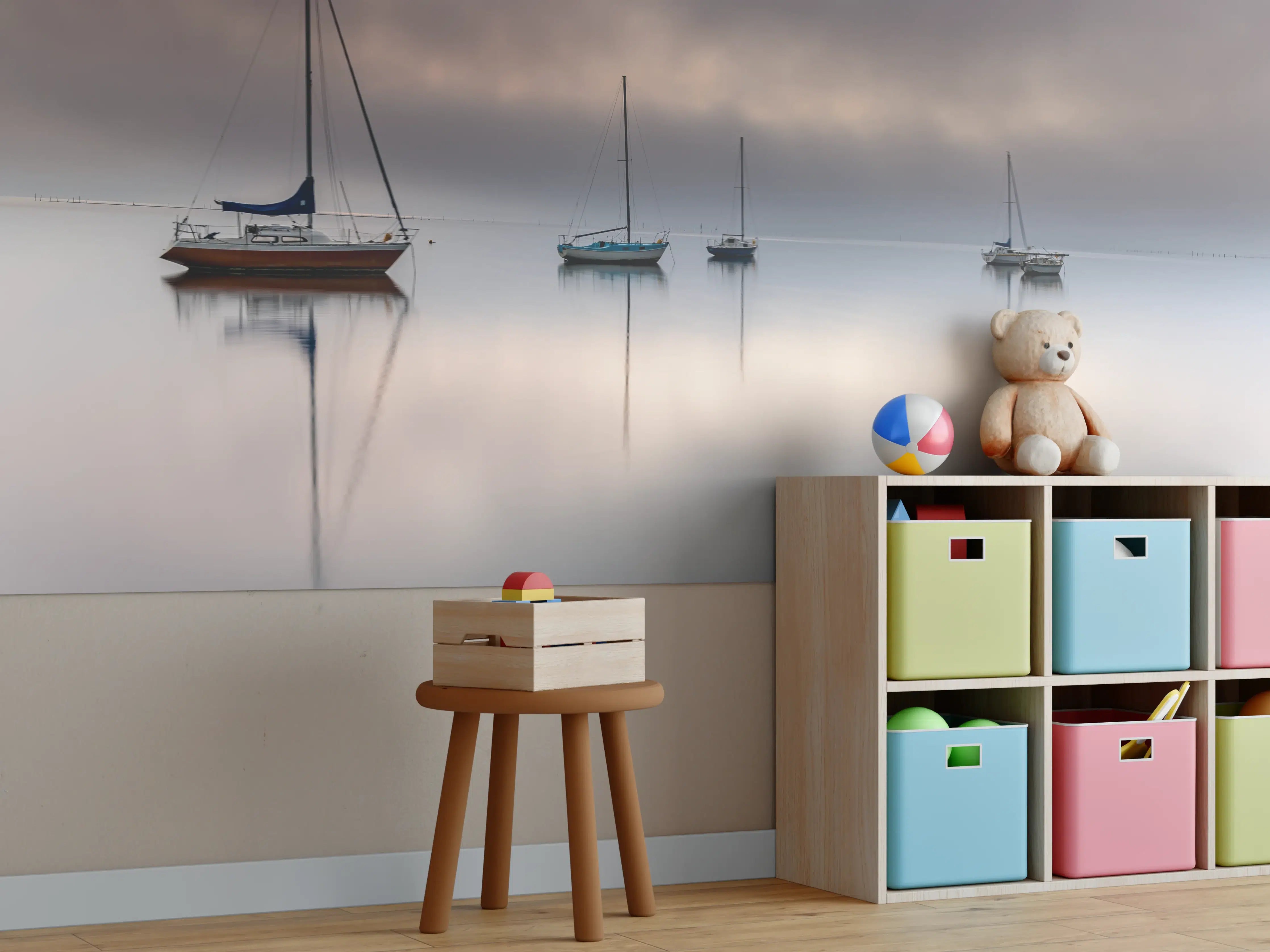 Kinderzimmer Wandgestaltung - Boote auf nebeligem Meer