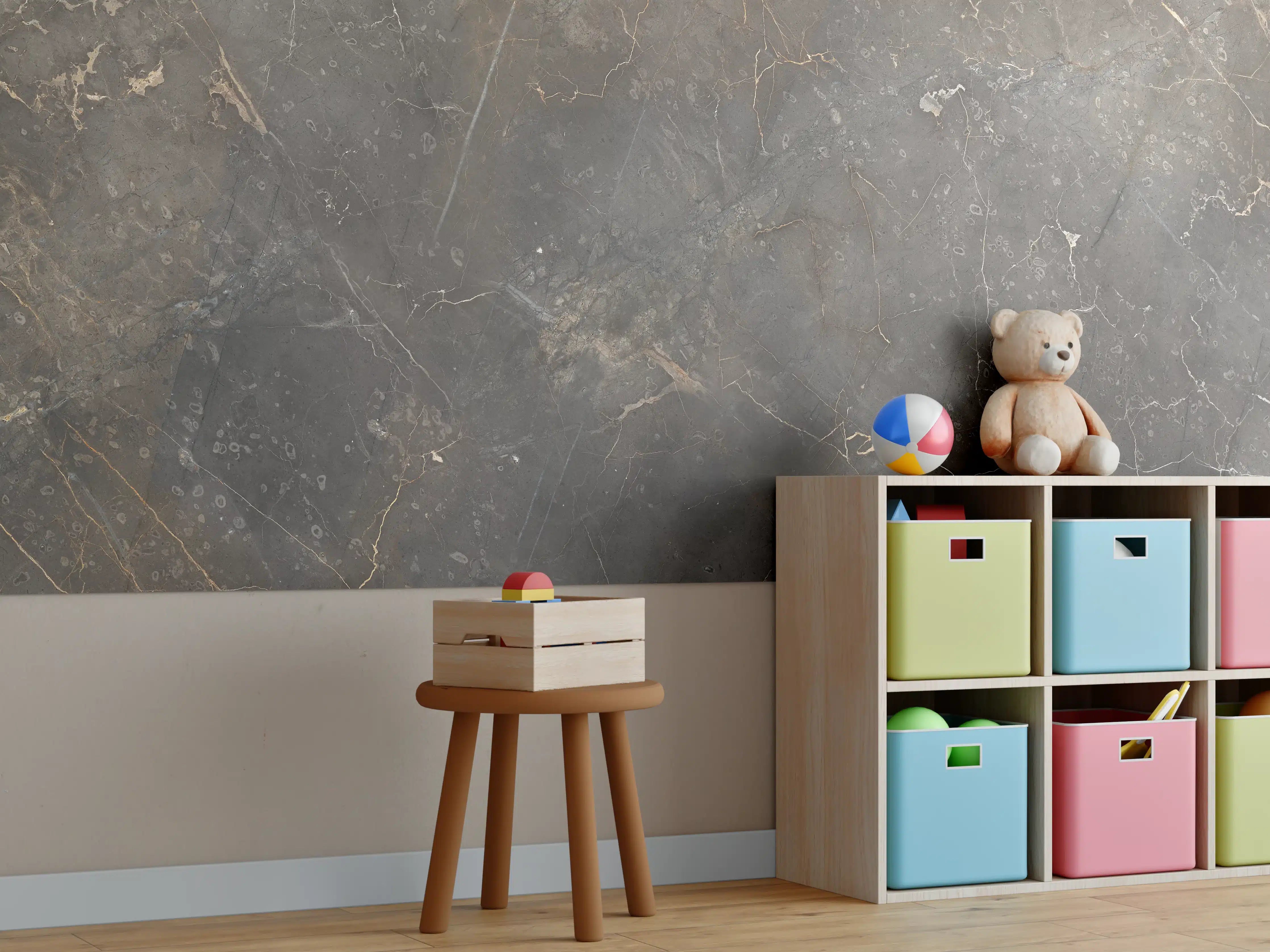 Kinderzimmer Wandgestaltung - Braun-Grauer Marmor mit Adern