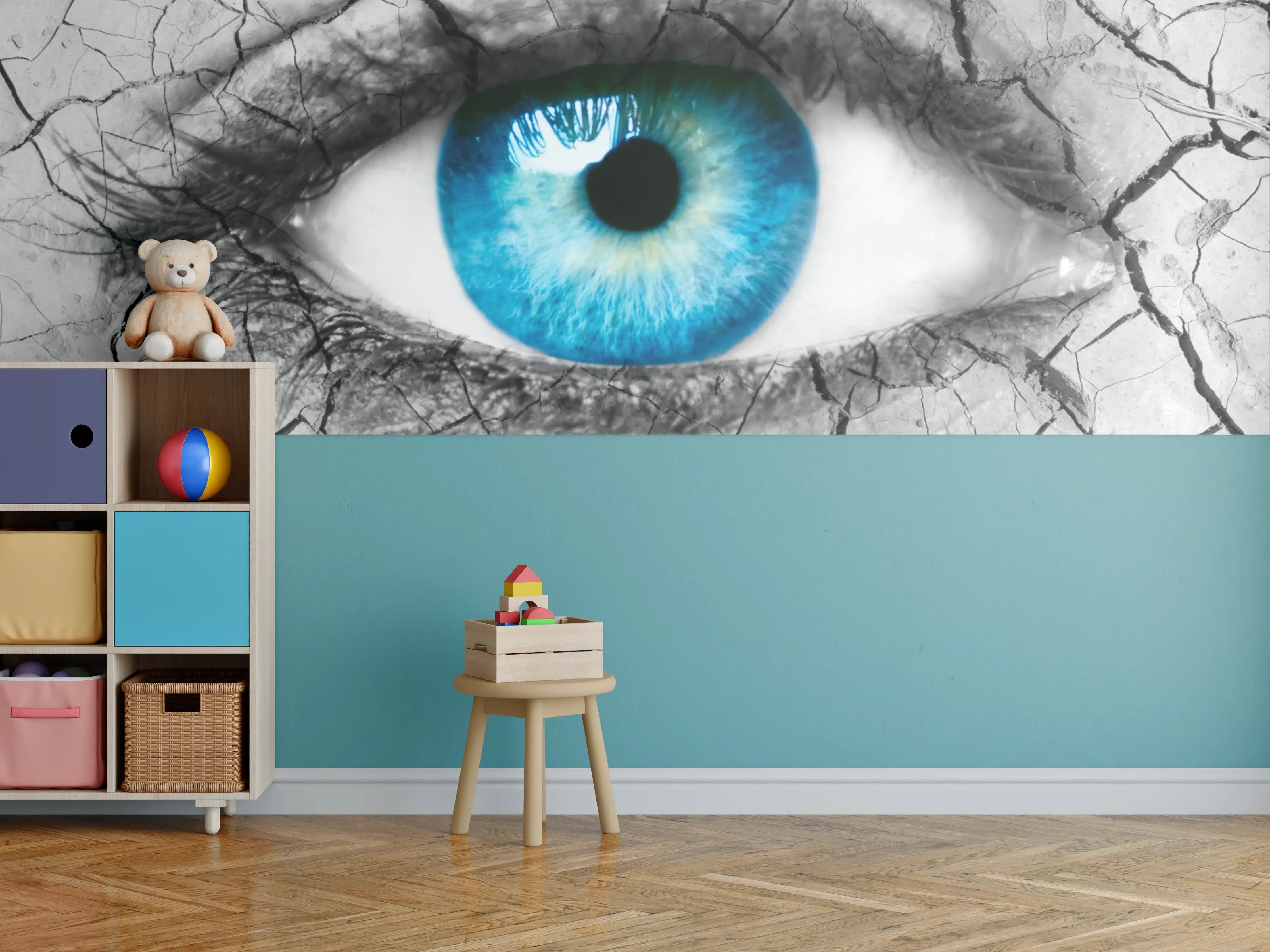 Kinderzimmer Wandgestaltung - Brennendes Auge mit rissiger Haut in Schwarz-Weiß