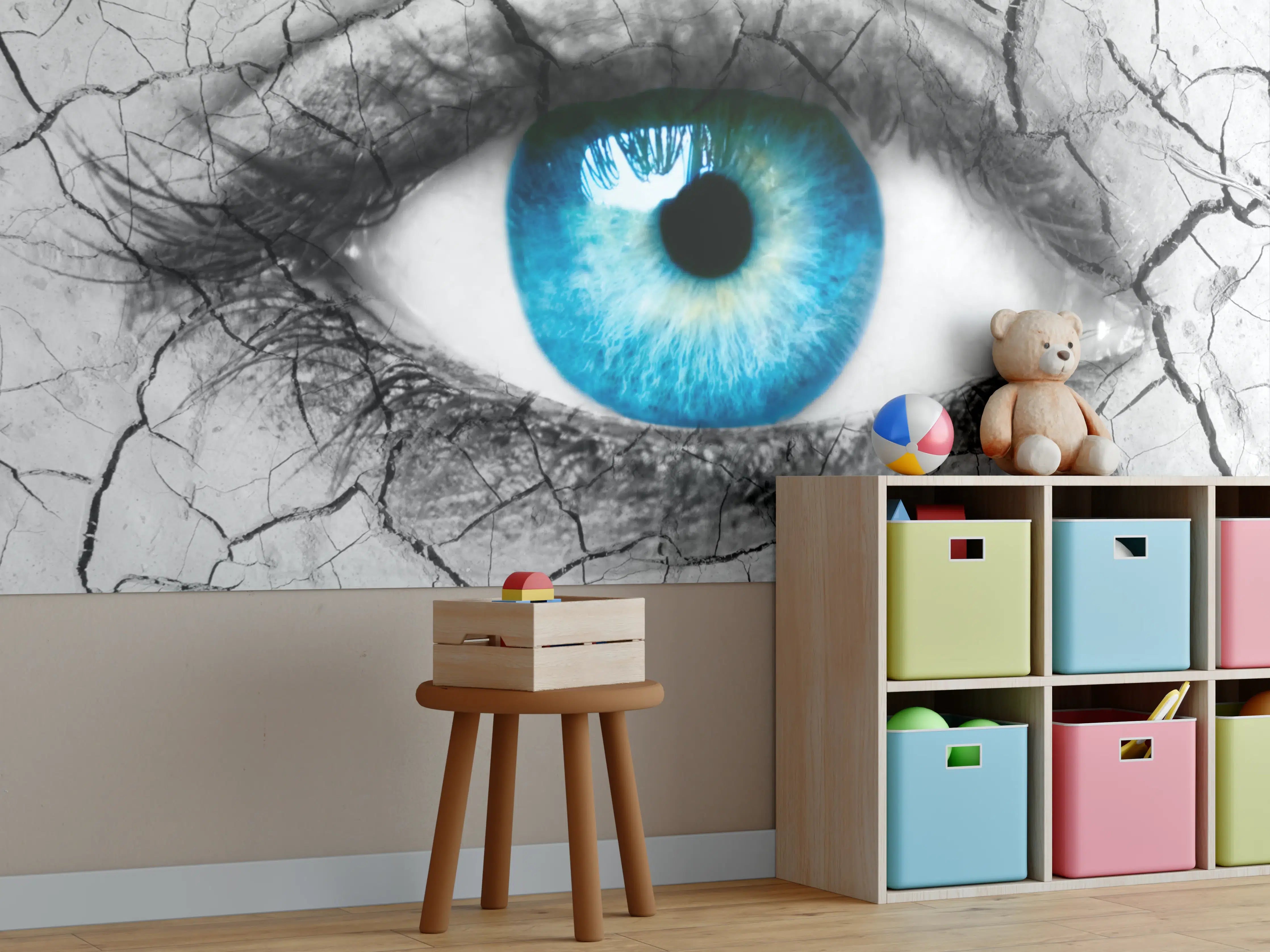 Kinderzimmer Wandgestaltung - Brennendes Auge mit rissiger Haut in Schwarz-Weiß