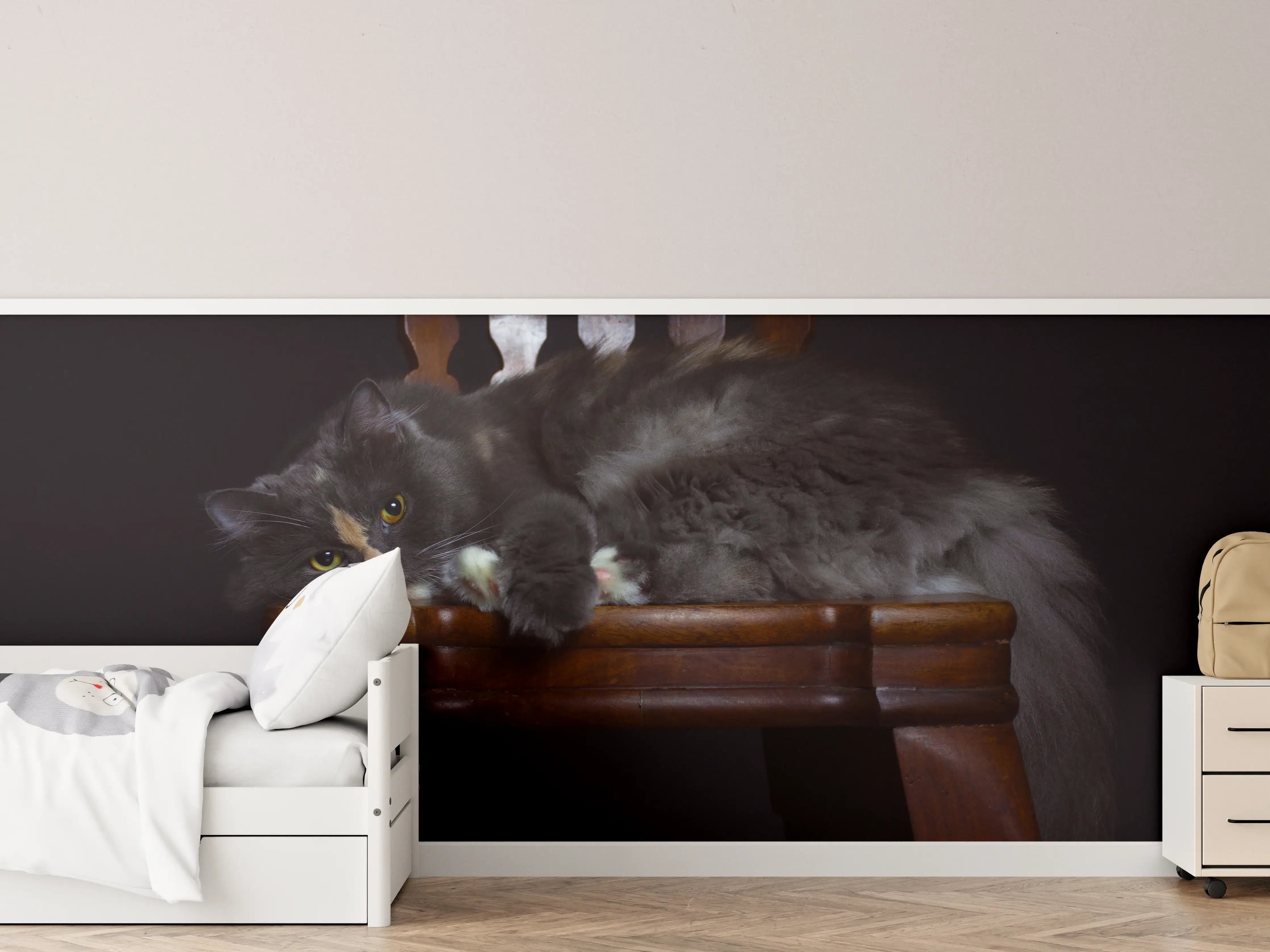 Kinderzimmer Wandgestaltung - Britisch Langhaarkatze auf Holzstuhl