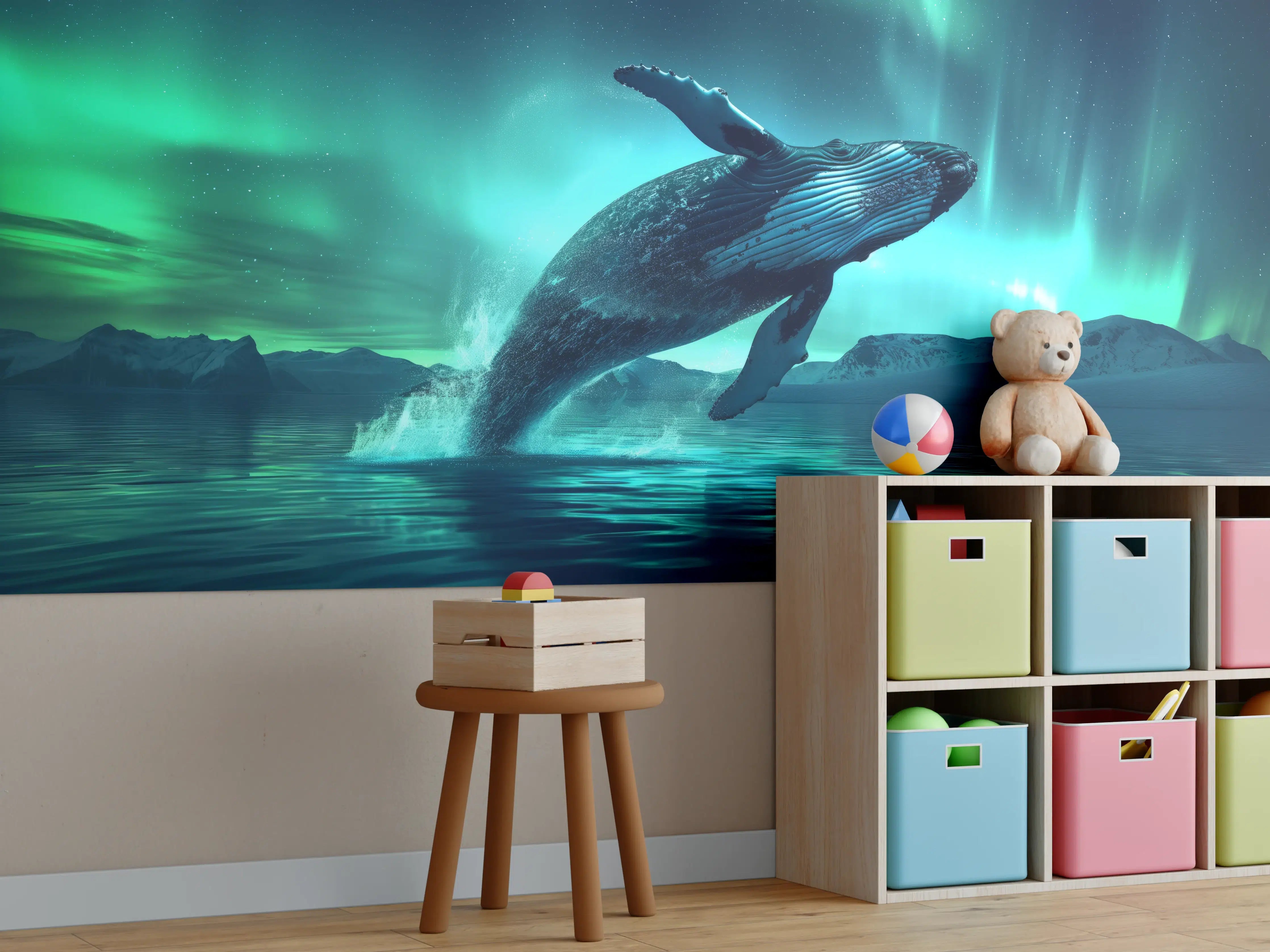Kinderzimmer Wandgestaltung - Buckelwal unter Nordlicht Türkis
