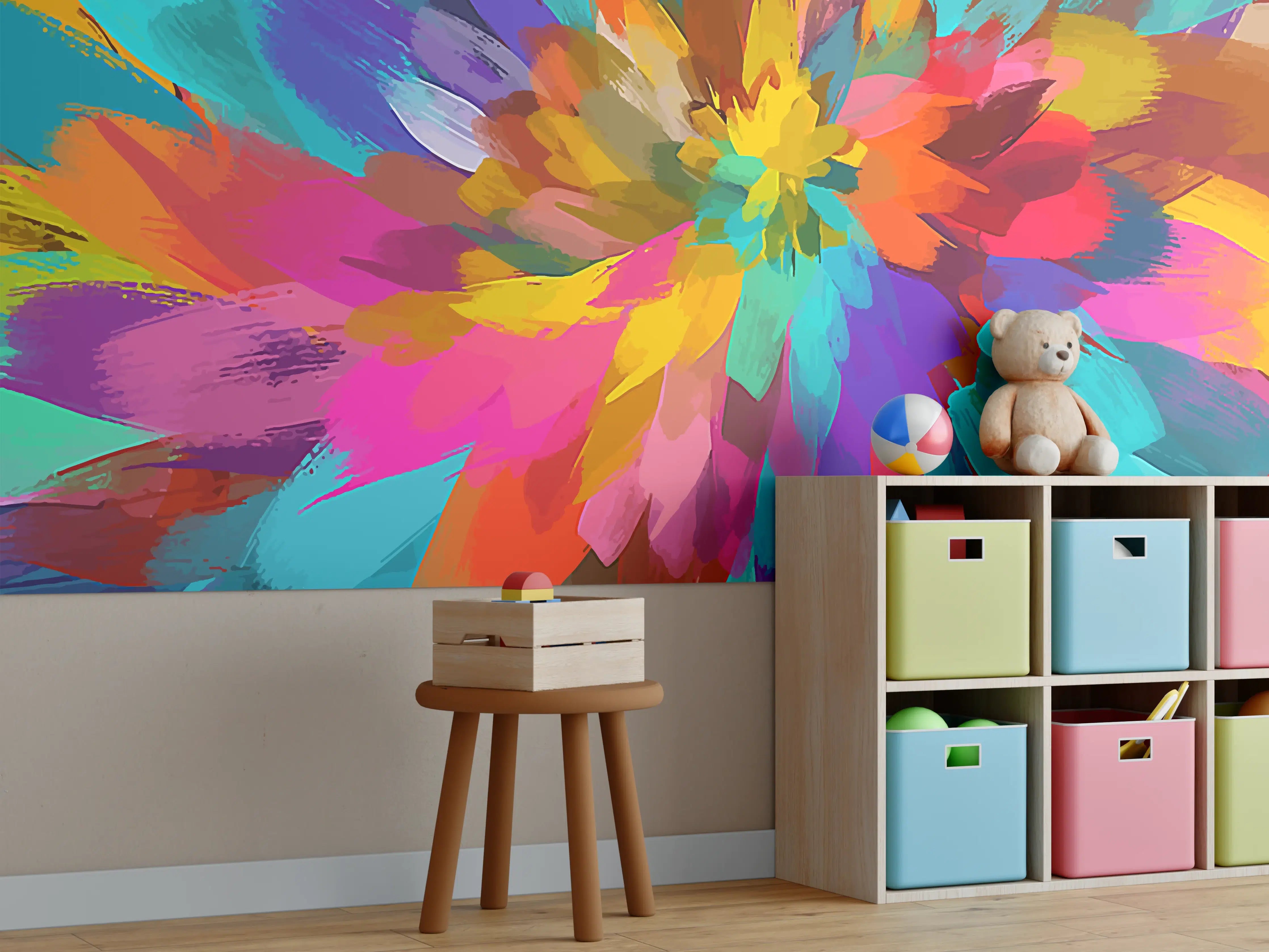 Kinderzimmer Wandgestaltung - Bunte Abstrakt Blumen Explosion