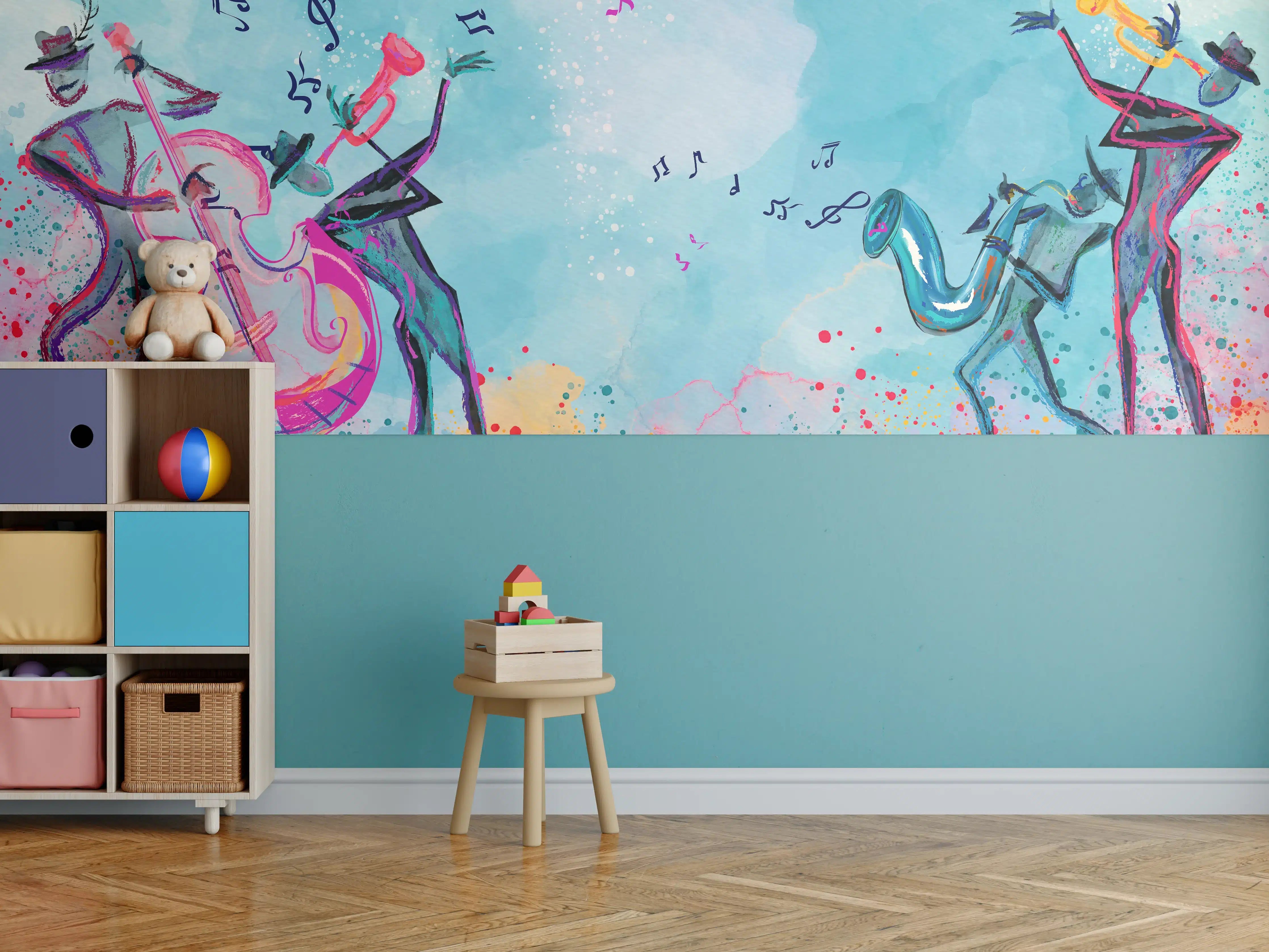 Kinderzimmer Wandgestaltung - Bunte Aquarell Musikszene