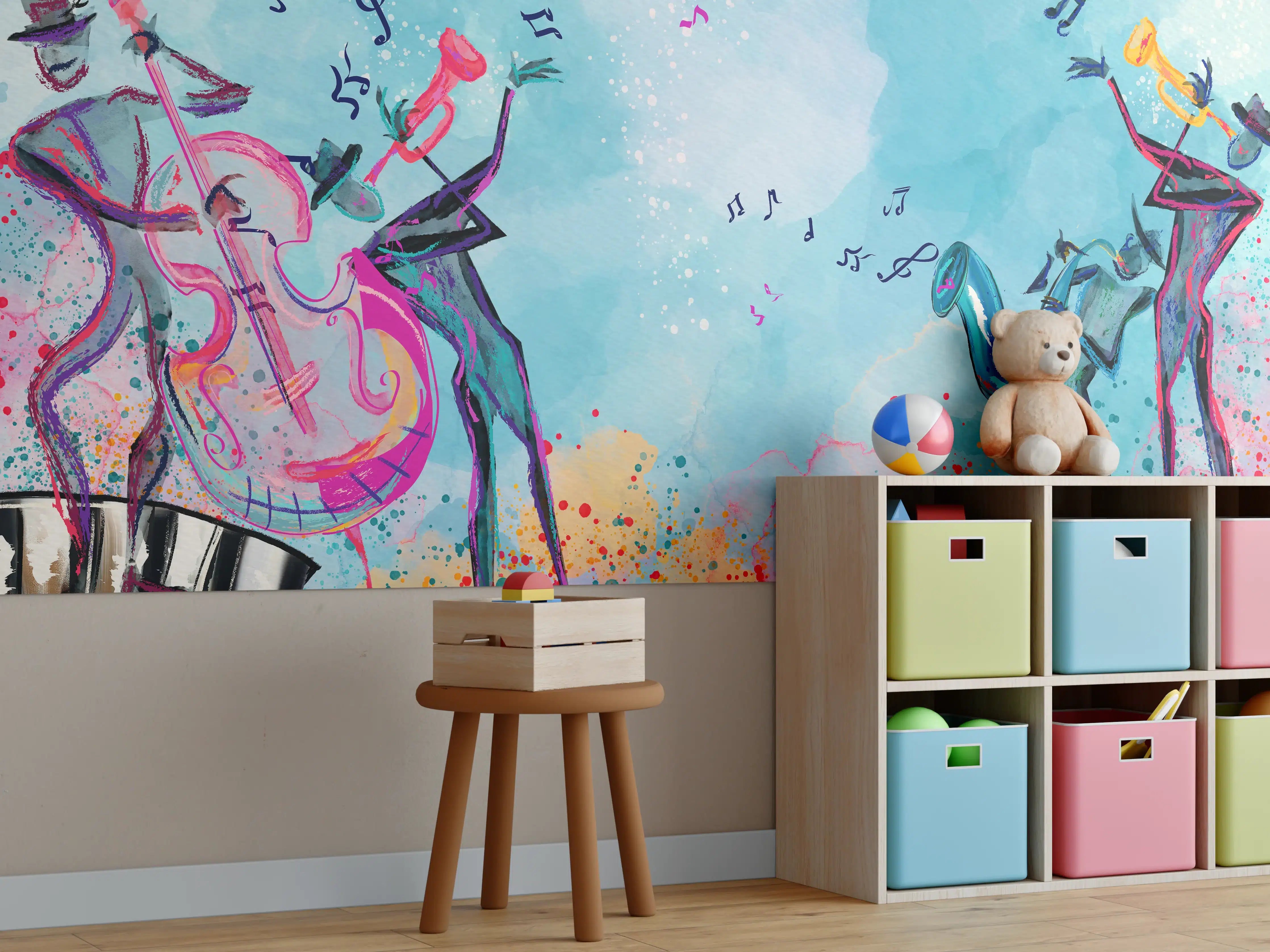 Kinderzimmer Wandgestaltung - Bunte Aquarell Musikszene
