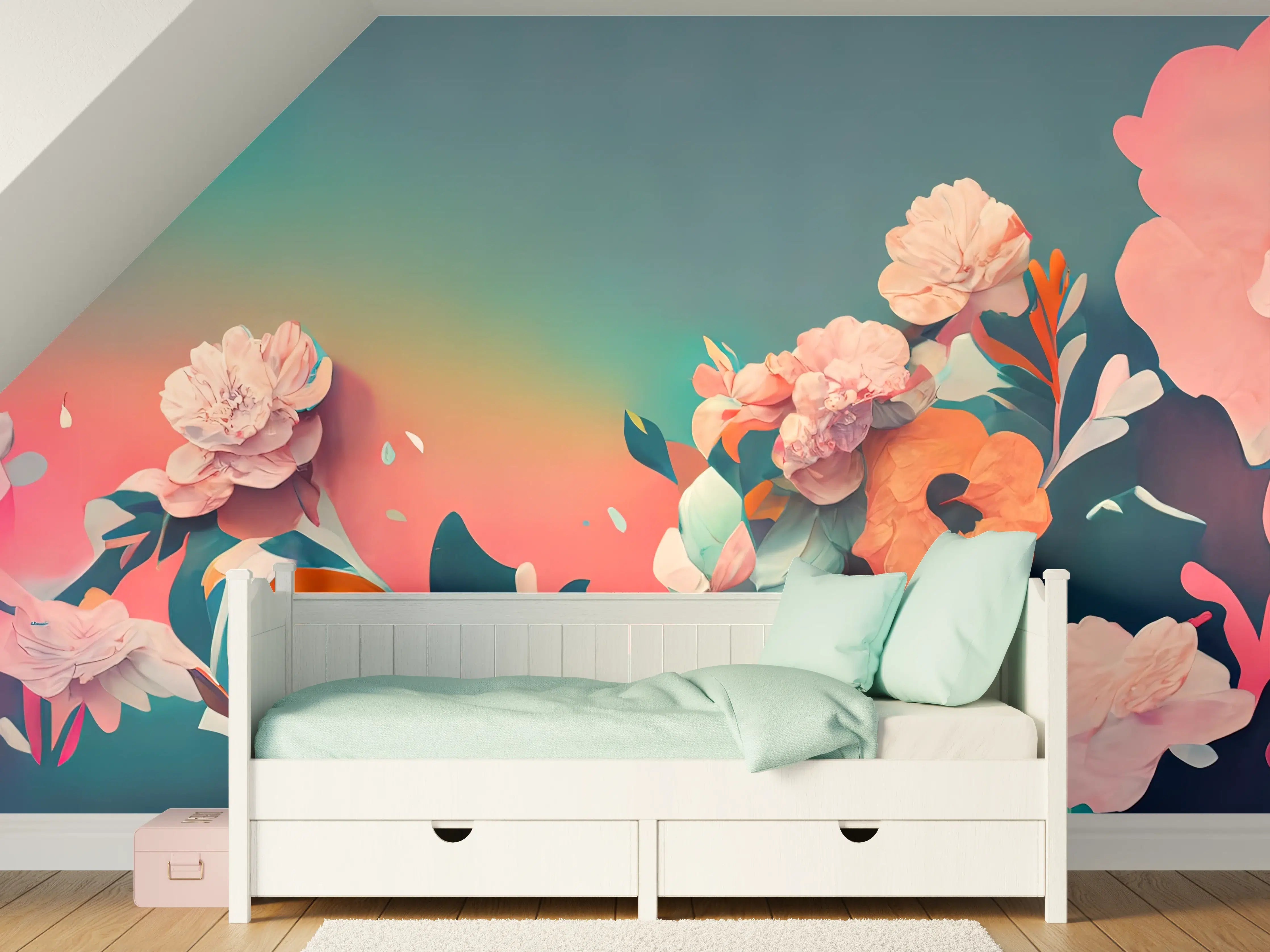 Kinderzimmer Wandgestaltung - Bunte Blütenidylle mit Pastellhintergrund