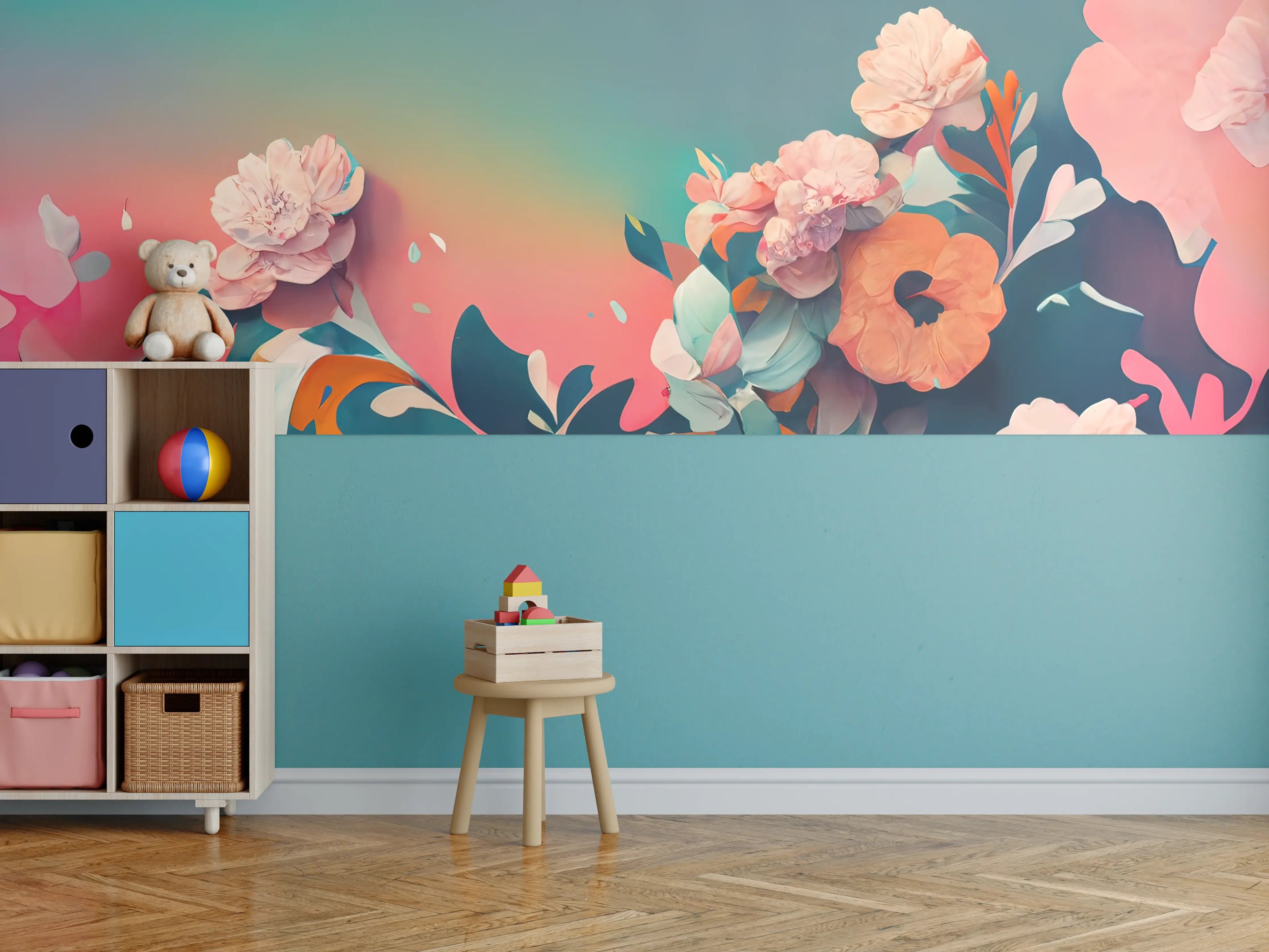 Kinderzimmer Wandgestaltung - Bunte Blütenidylle mit Pastellhintergrund