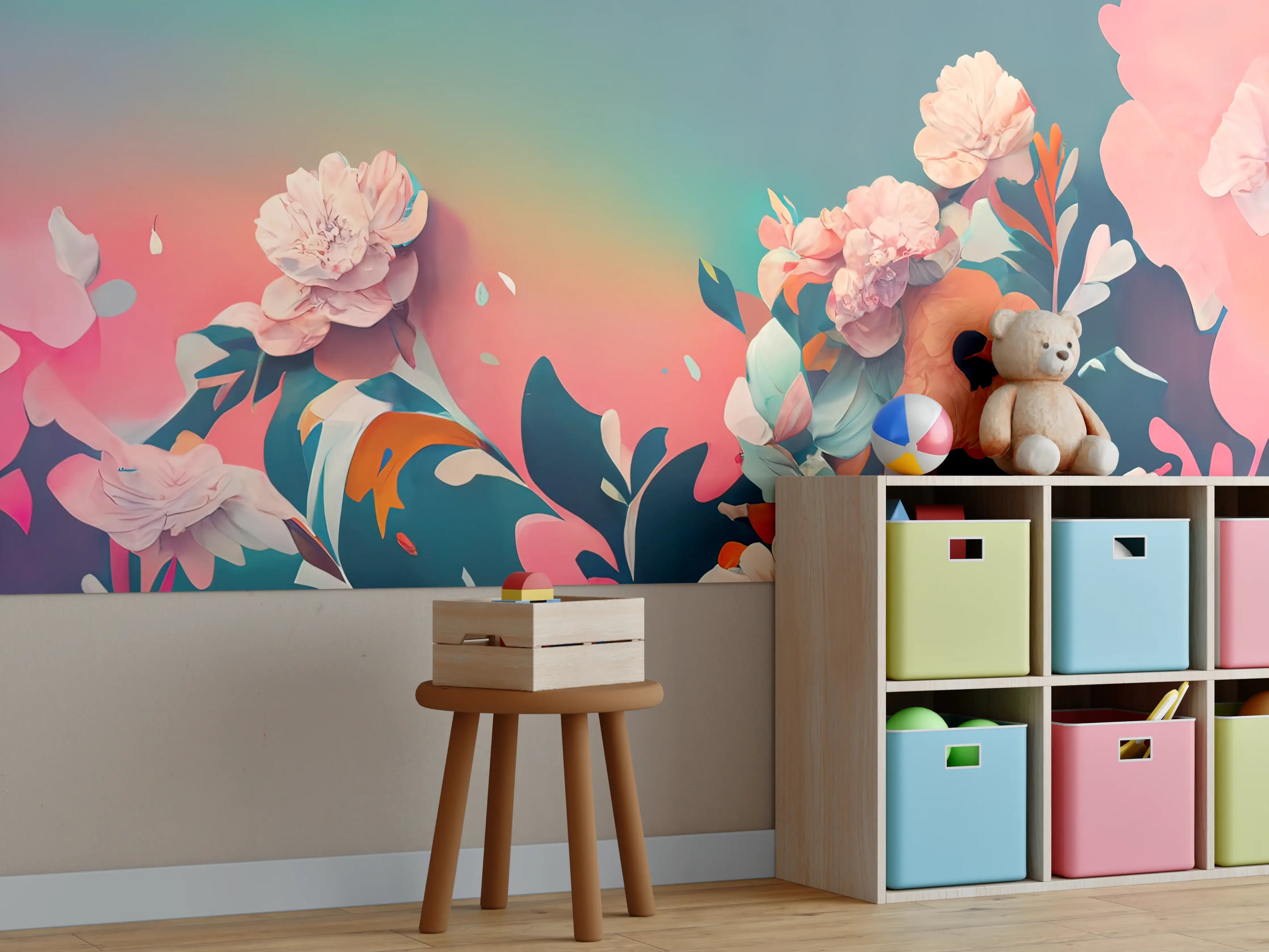 Kinderzimmer Wandgestaltung - Bunte Blütenidylle mit Pastellhintergrund