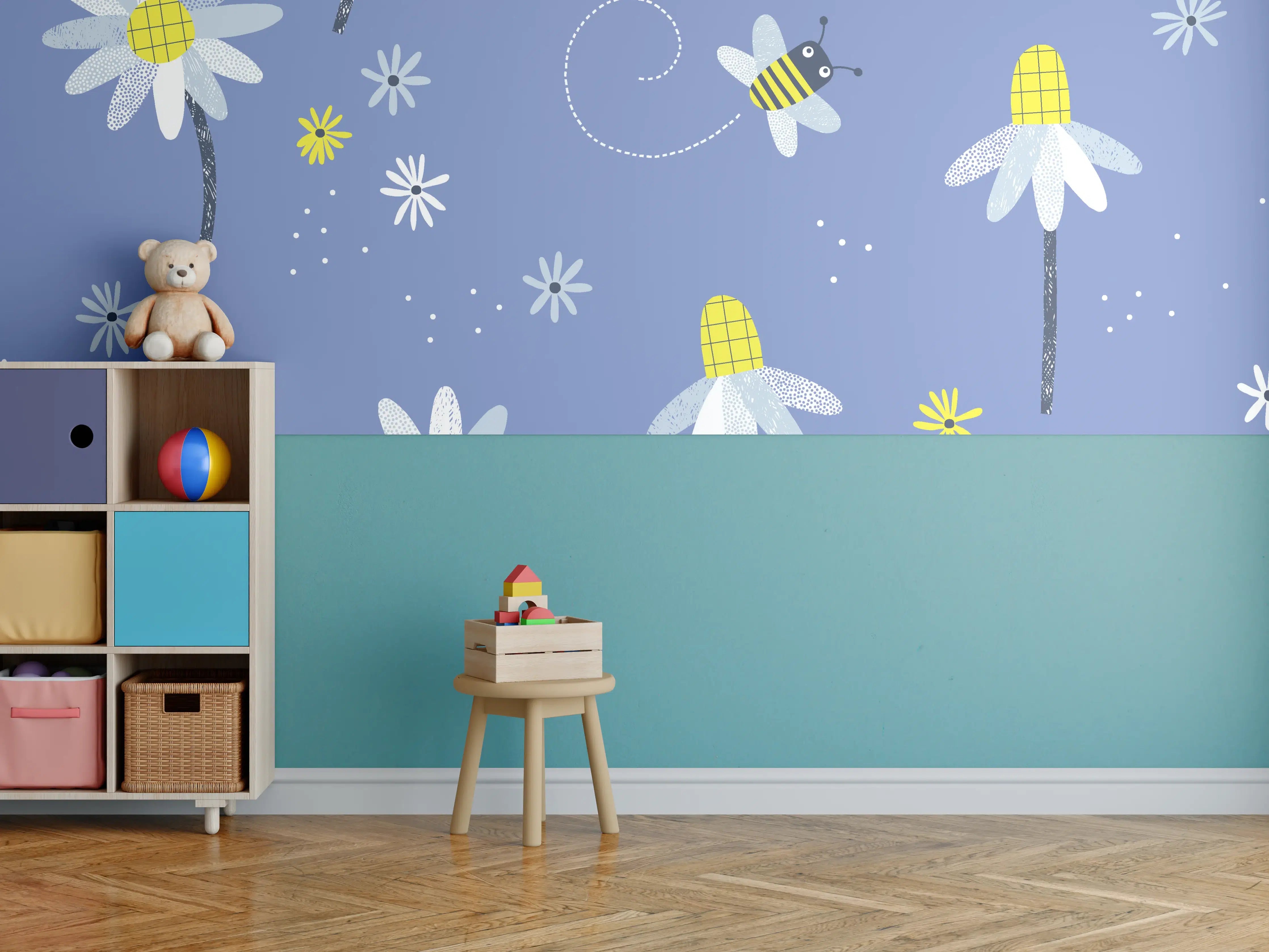 Kinderzimmer Wandgestaltung - Bunte Blumen und Bienen auf blauem Hintergrund