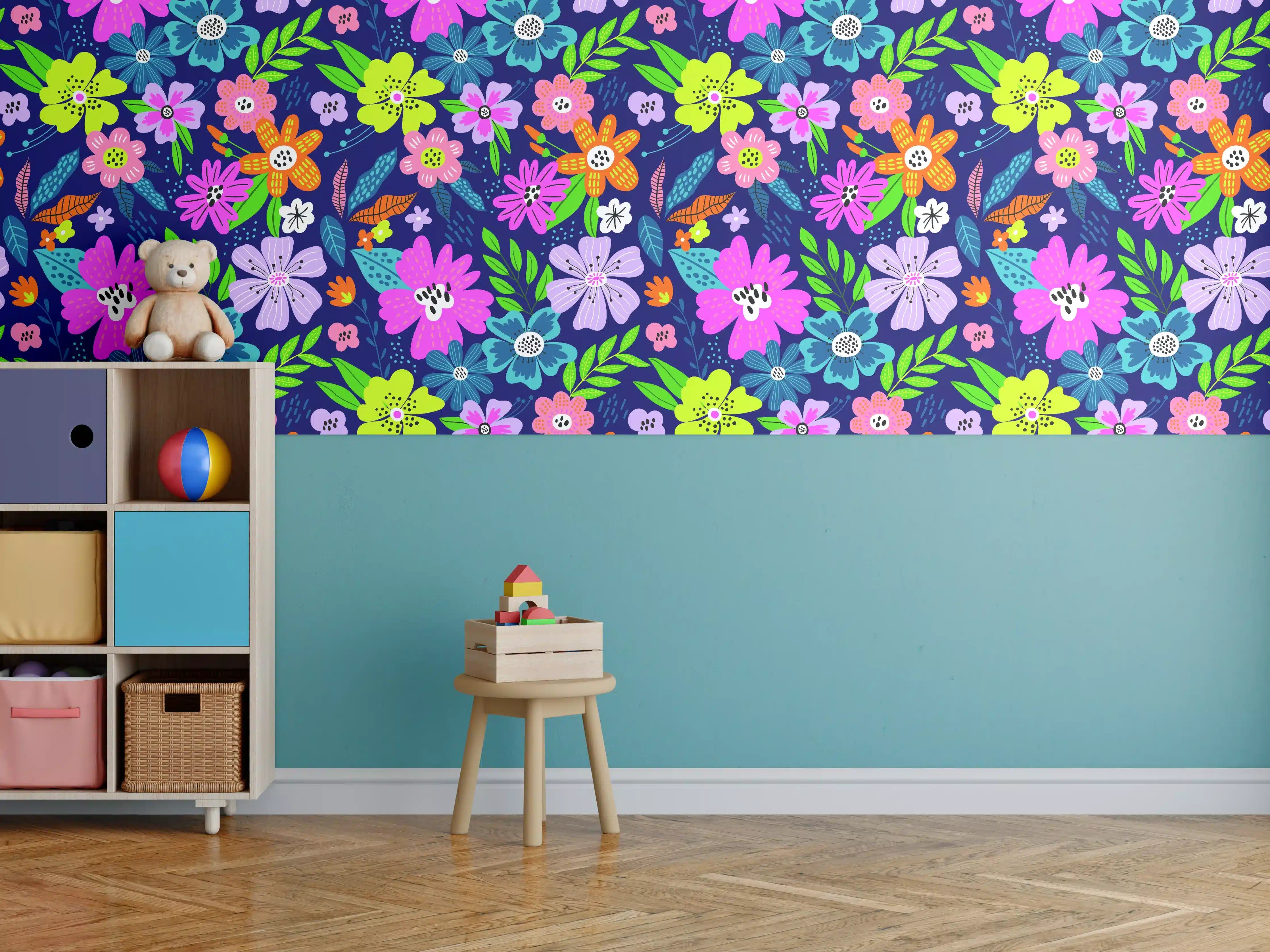 Kinderzimmer Wandgestaltung - Bunte Blumenmuster mit lebendiger Farbvielfalt