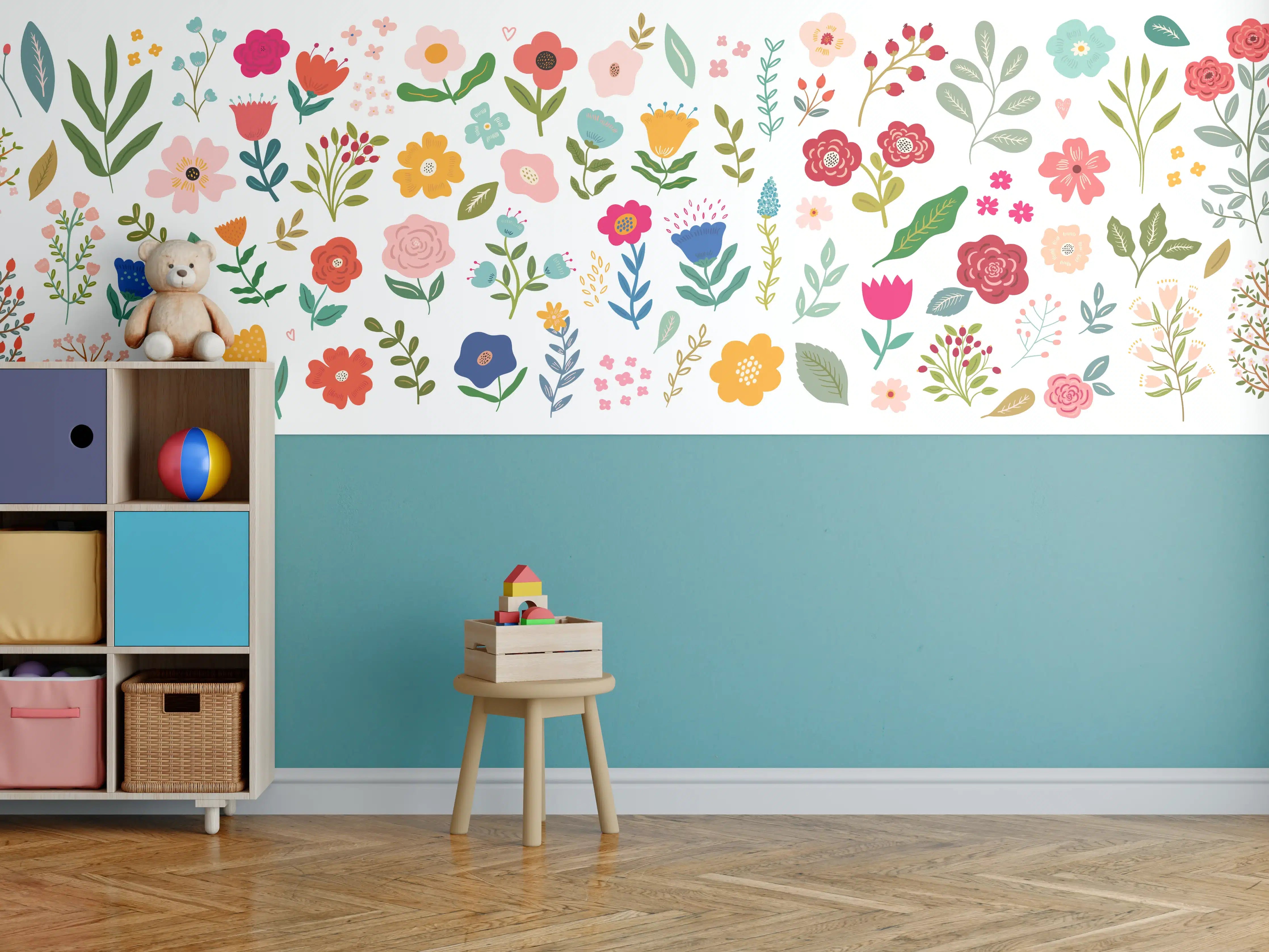 Kinderzimmer Wandgestaltung - Bunte Blumenmuster mit vielfältigen Blüten