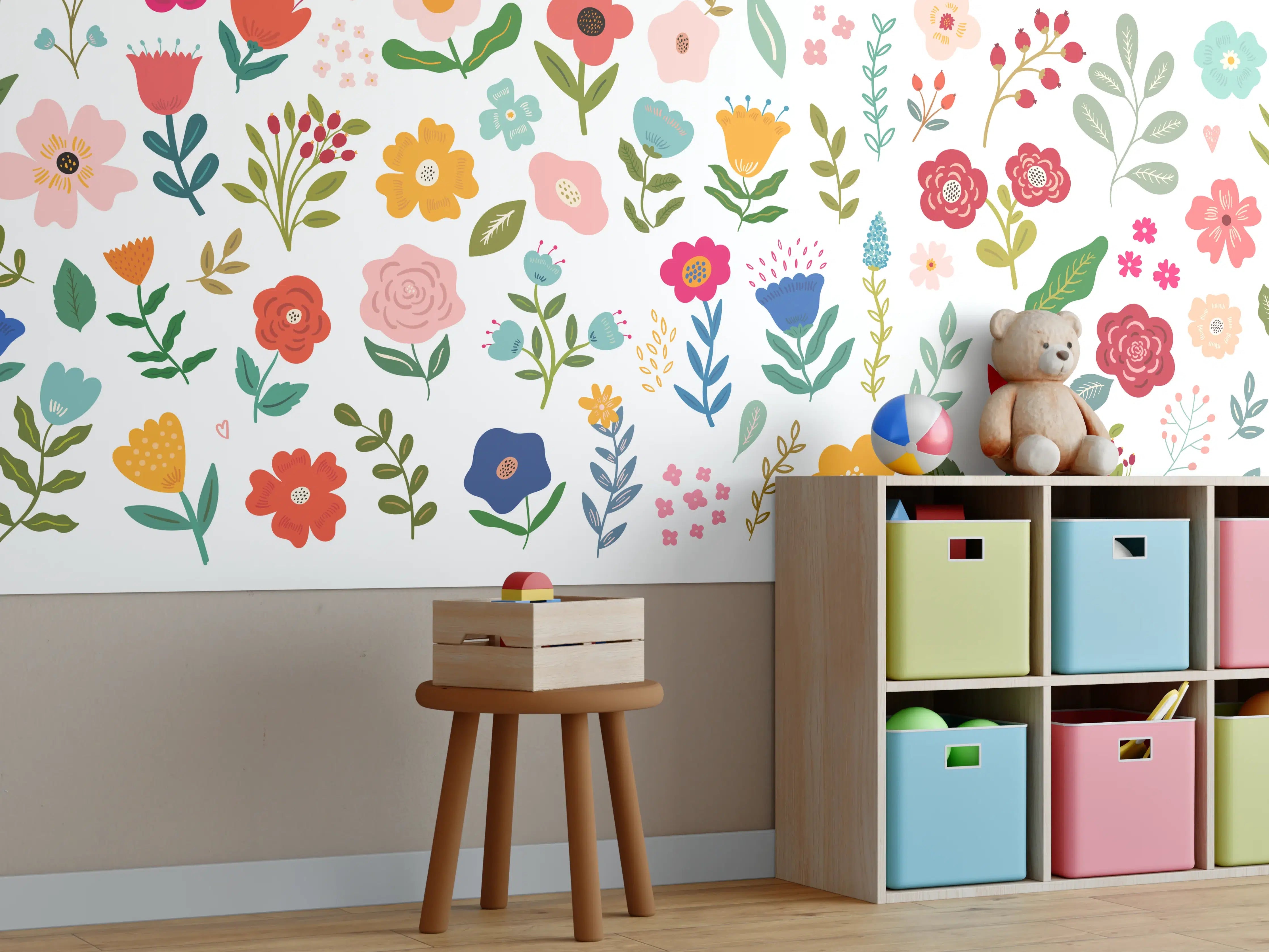 Kinderzimmer Wandgestaltung - Bunte Blumenmuster mit vielfältigen Blüten