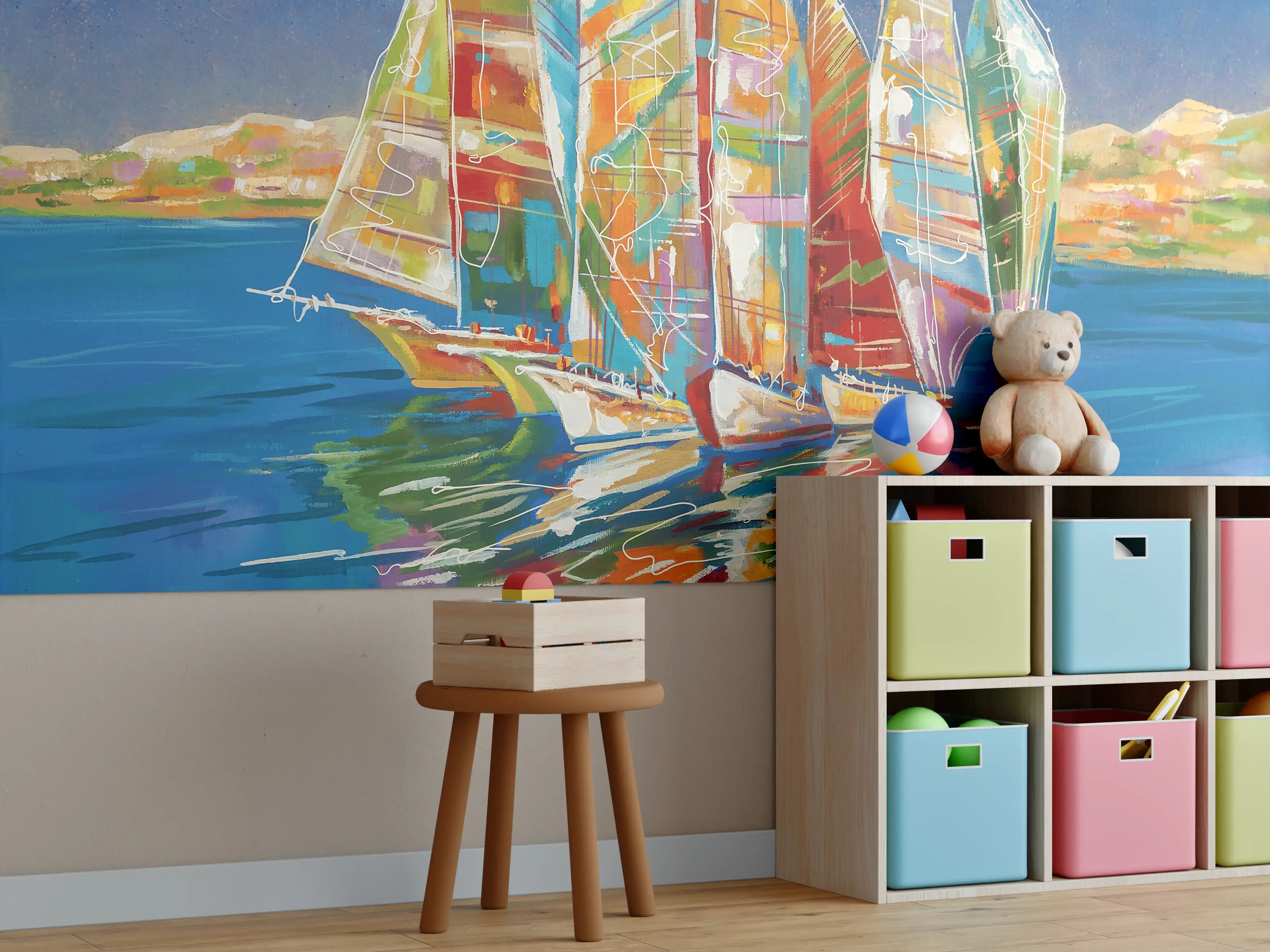 Kinderzimmer Wandgestaltung - Bunte Boote auf dem Meer - Ölgemälde