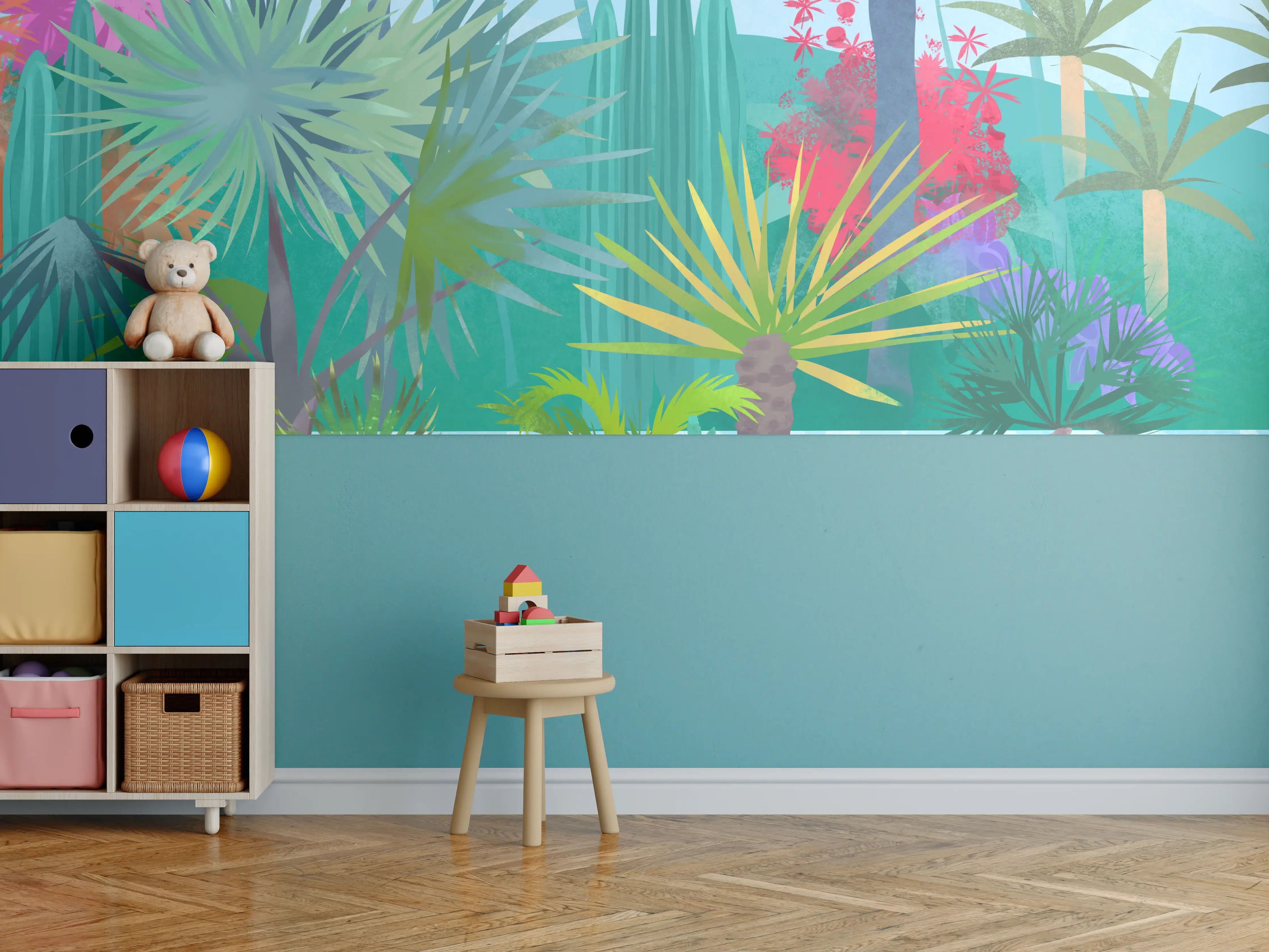 Kinderzimmer Wandgestaltung - Bunte Dschungelkulisse mit Palmen und Wasserlilien