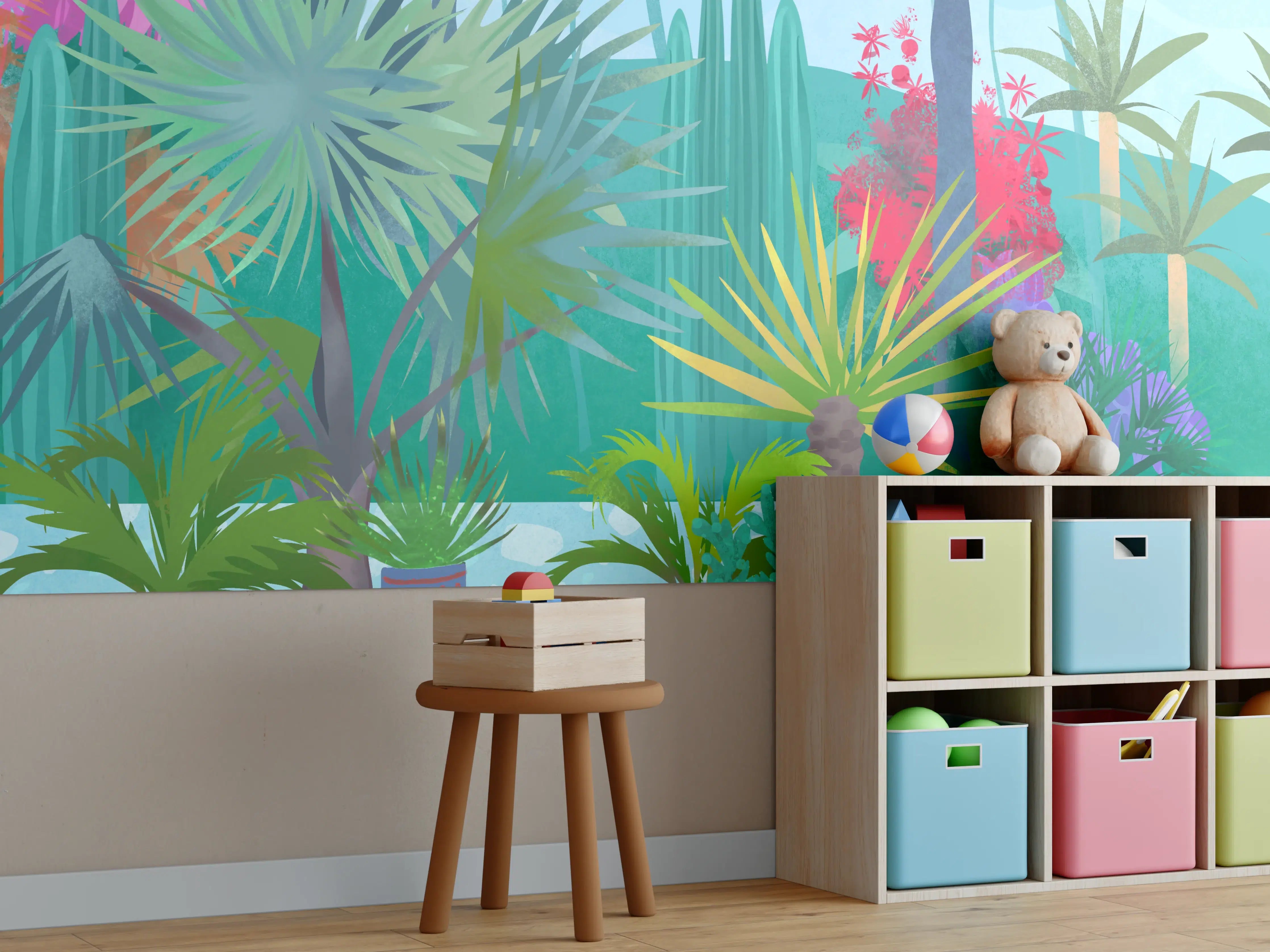 Kinderzimmer Wandgestaltung - Bunte Dschungelkulisse mit Palmen und Wasserlilien