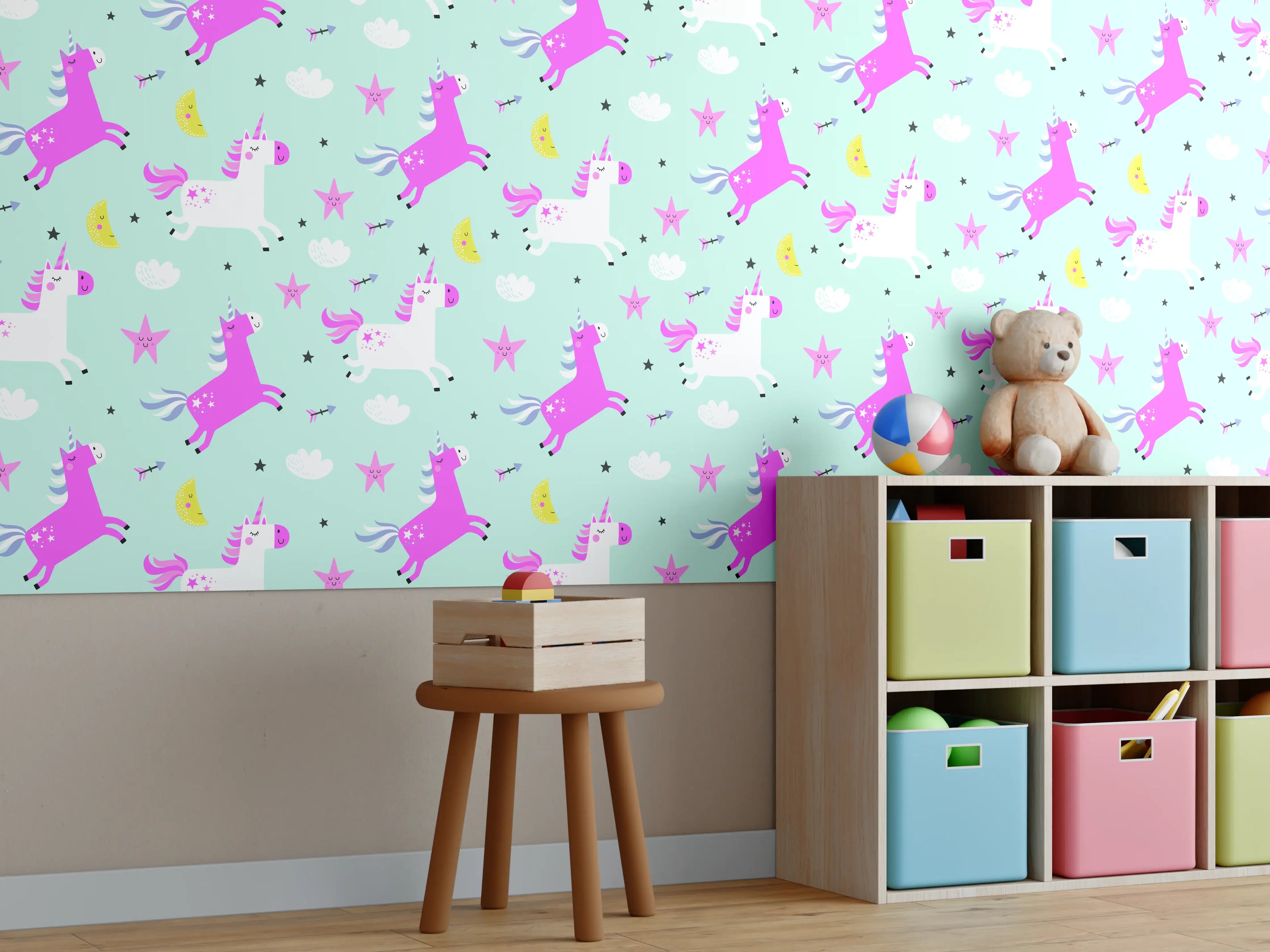 Kinderzimmer Wandgestaltung - Bunte Einhorn- und Sterne-Muster
