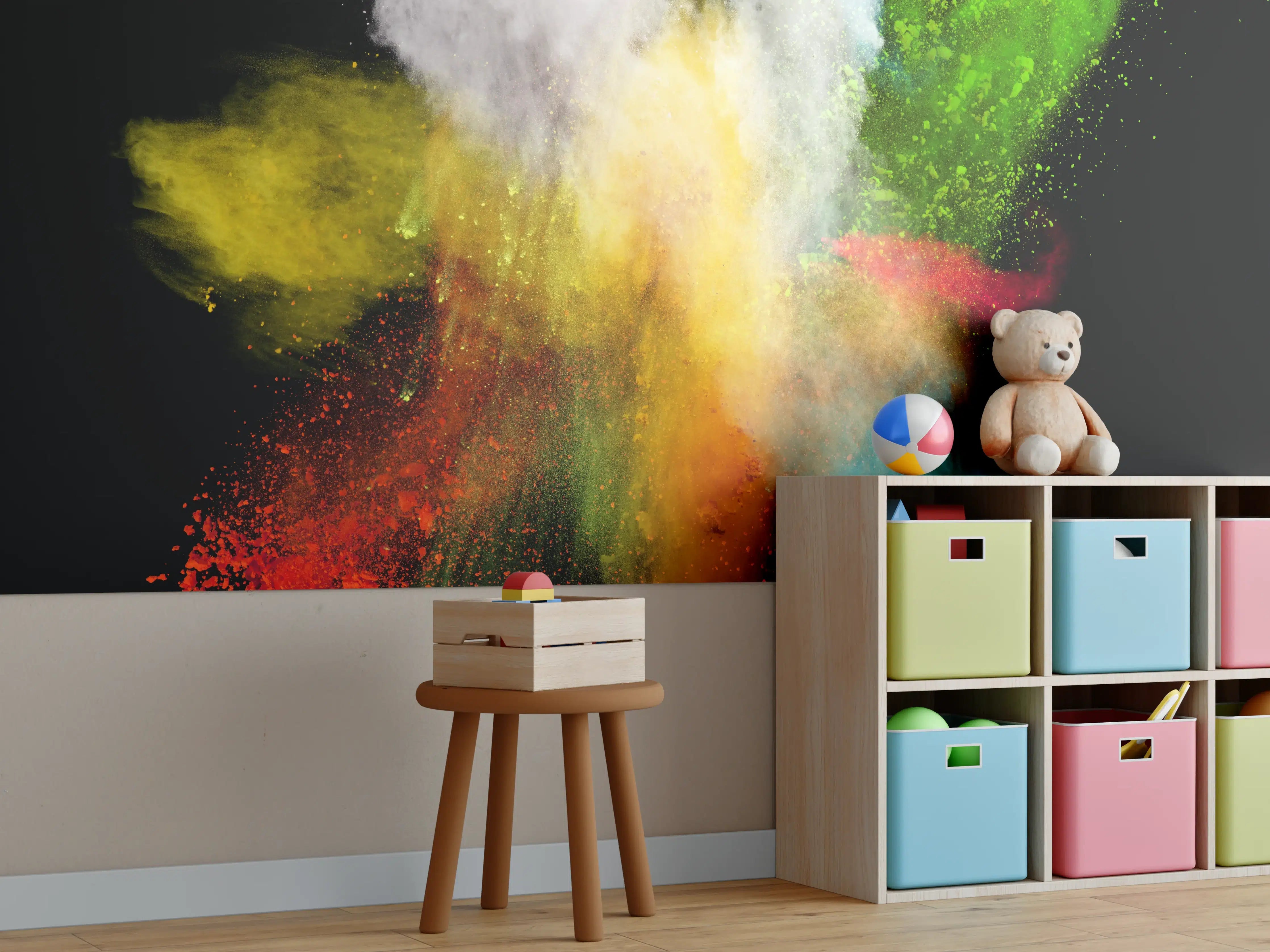 Kinderzimmer Wandgestaltung - Bunte Farbexplosion auf schwarzem Hintergrund