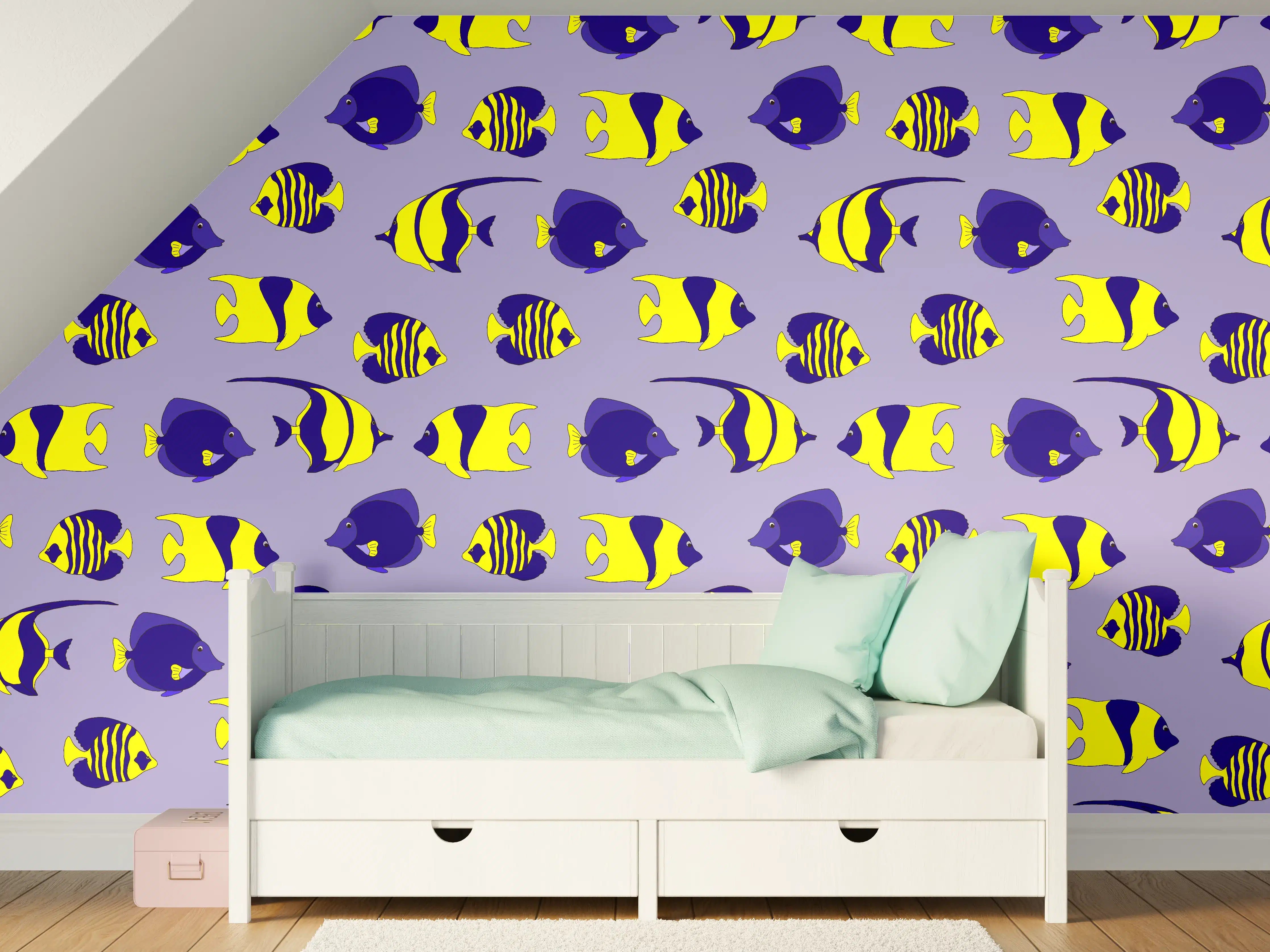 Kinderzimmer Wandgestaltung - Bunte Fischwelt auf lila Hintergrund