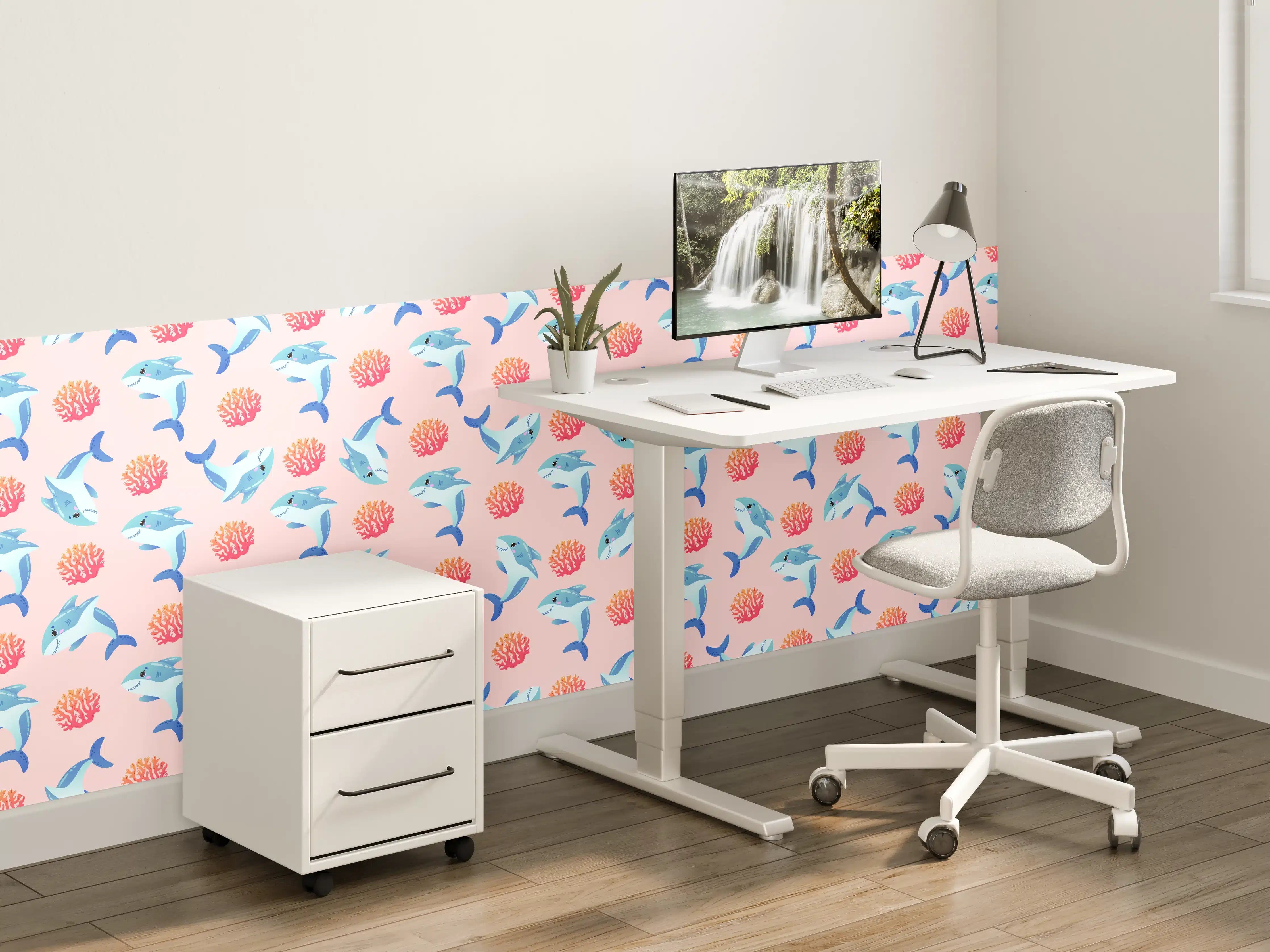 Kinderzimmer Wandgestaltung - Bunte Flamingos und Korallen auf Himmelblau