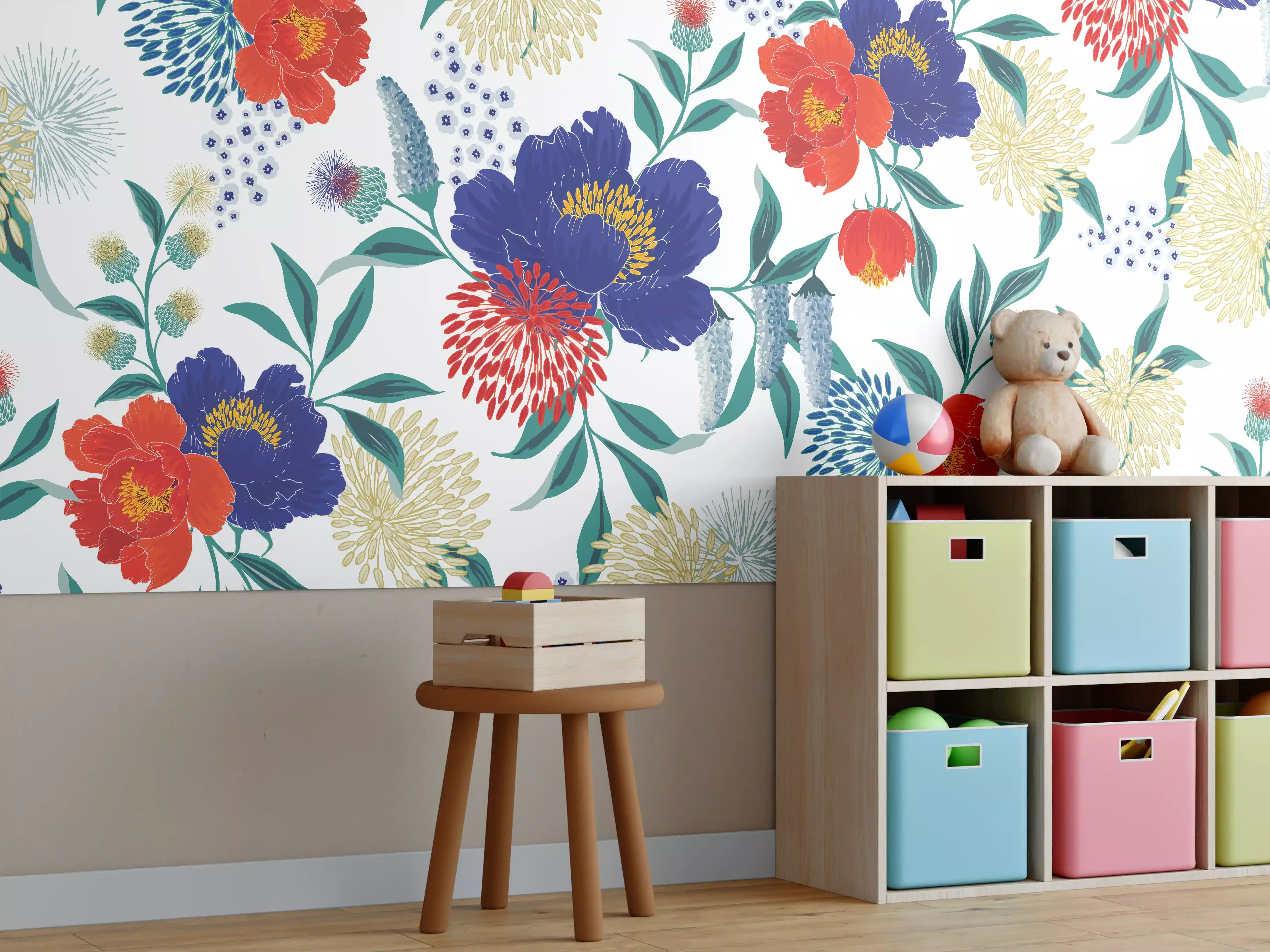 Kinderzimmer Wandgestaltung - Bunte Florale Muster Tapete