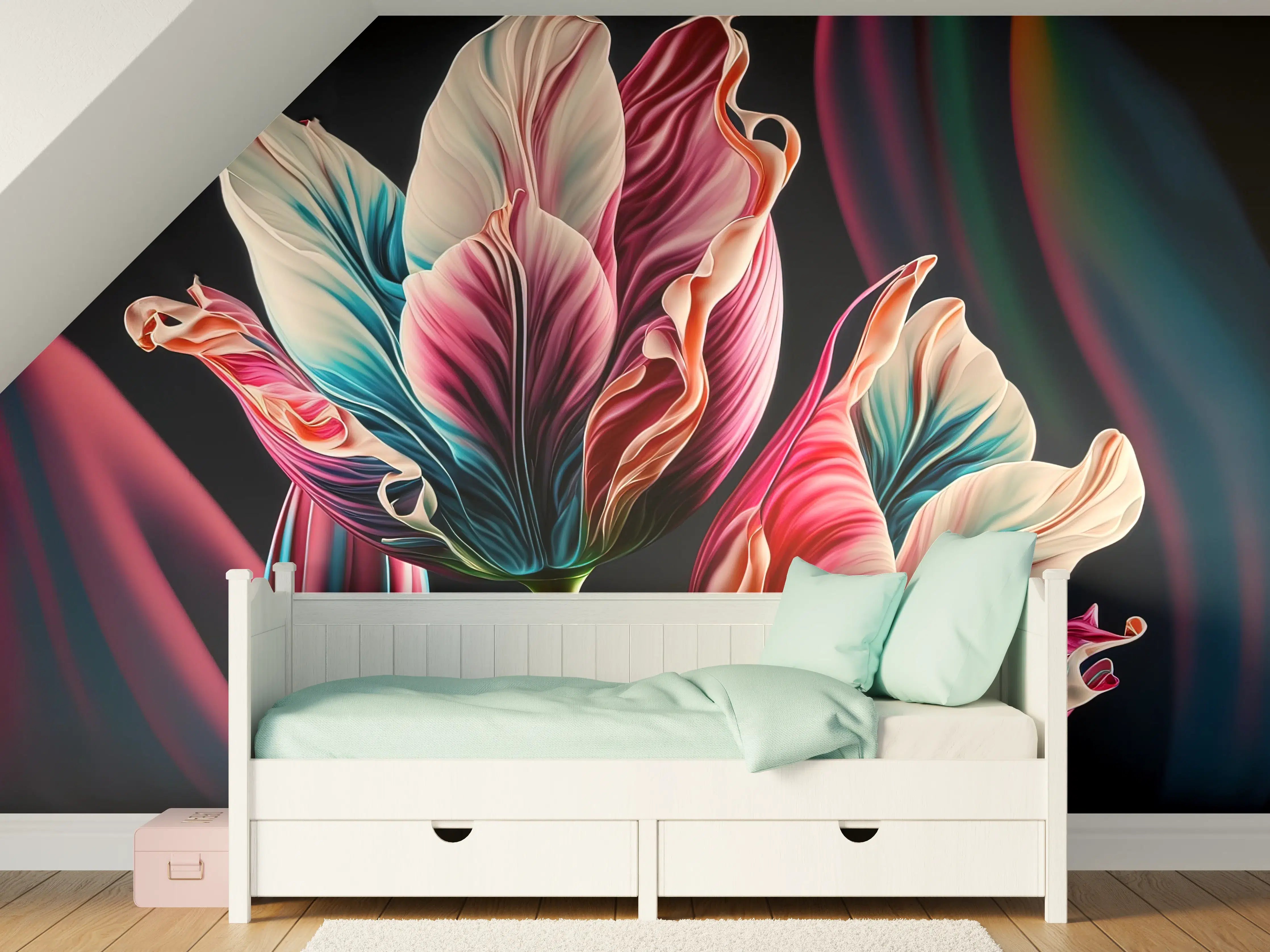 Kinderzimmer Wandgestaltung - Bunte Fluid Kunst Tulpen