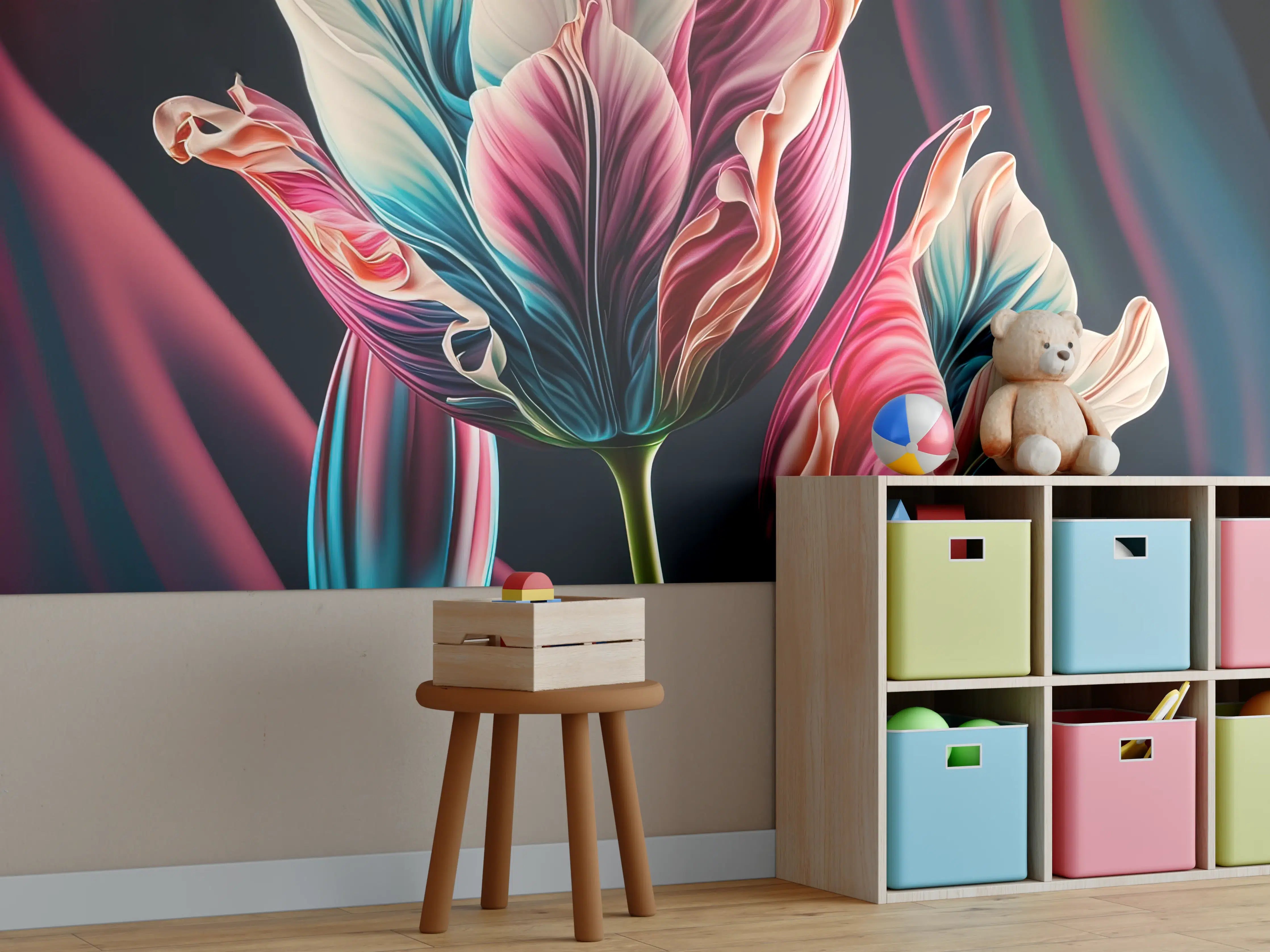 Kinderzimmer Wandgestaltung - Bunte Fluid Kunst Tulpen