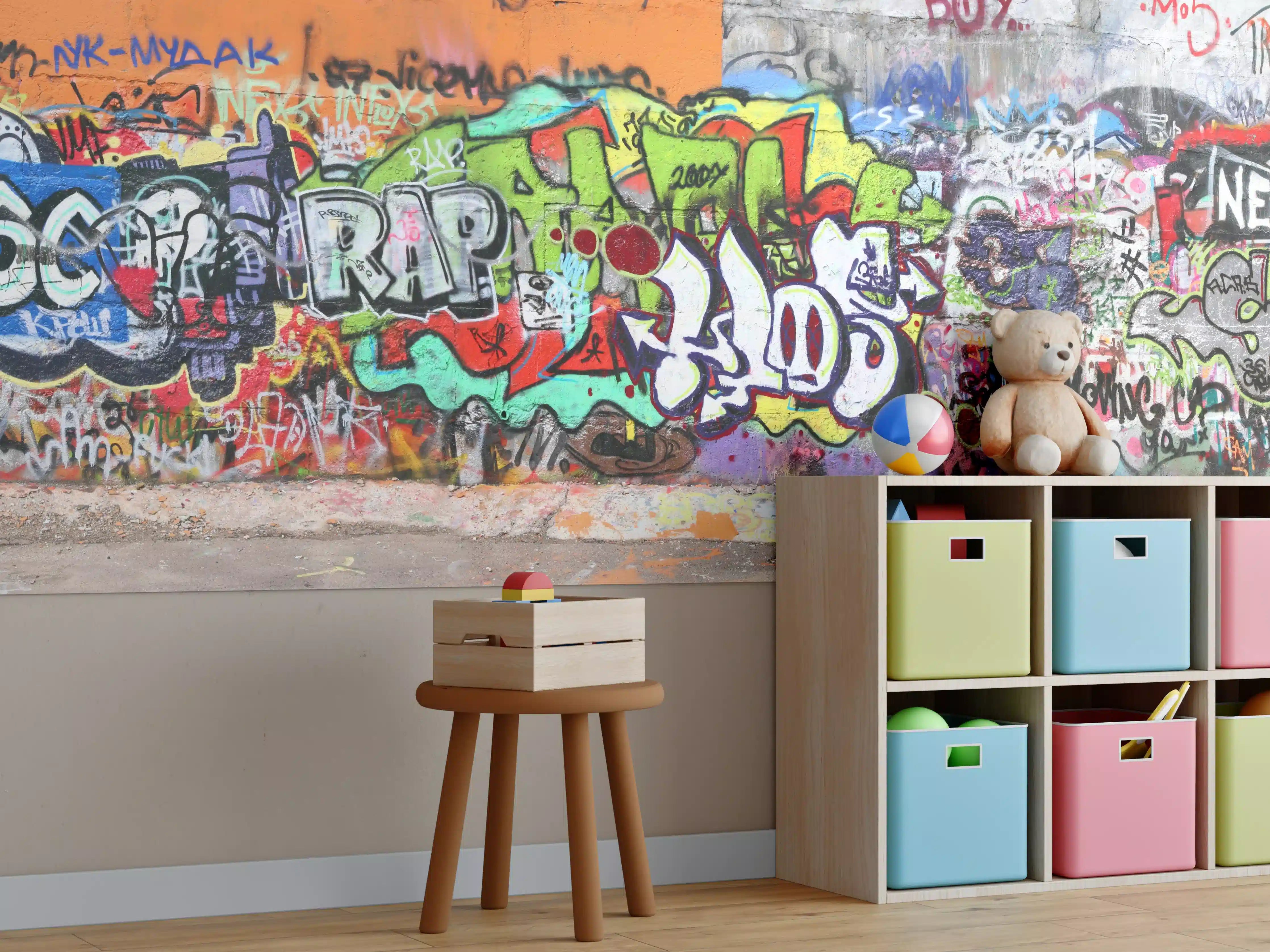 Kinderzimmer Wandgestaltung - Bunte Graffiti-Kunst Wand