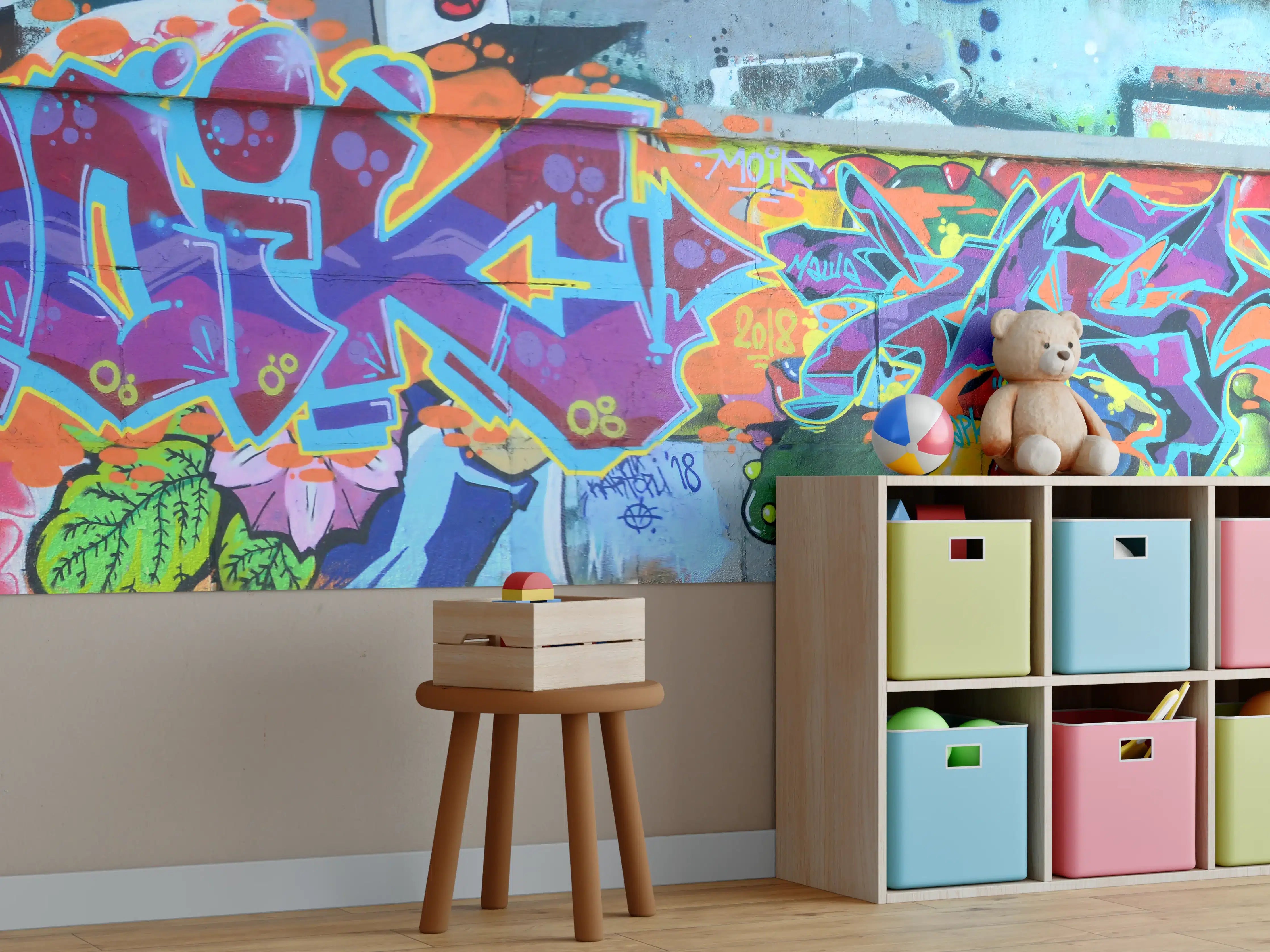 Kinderzimmer Wandgestaltung - Bunte Graffiti-Wandkunst