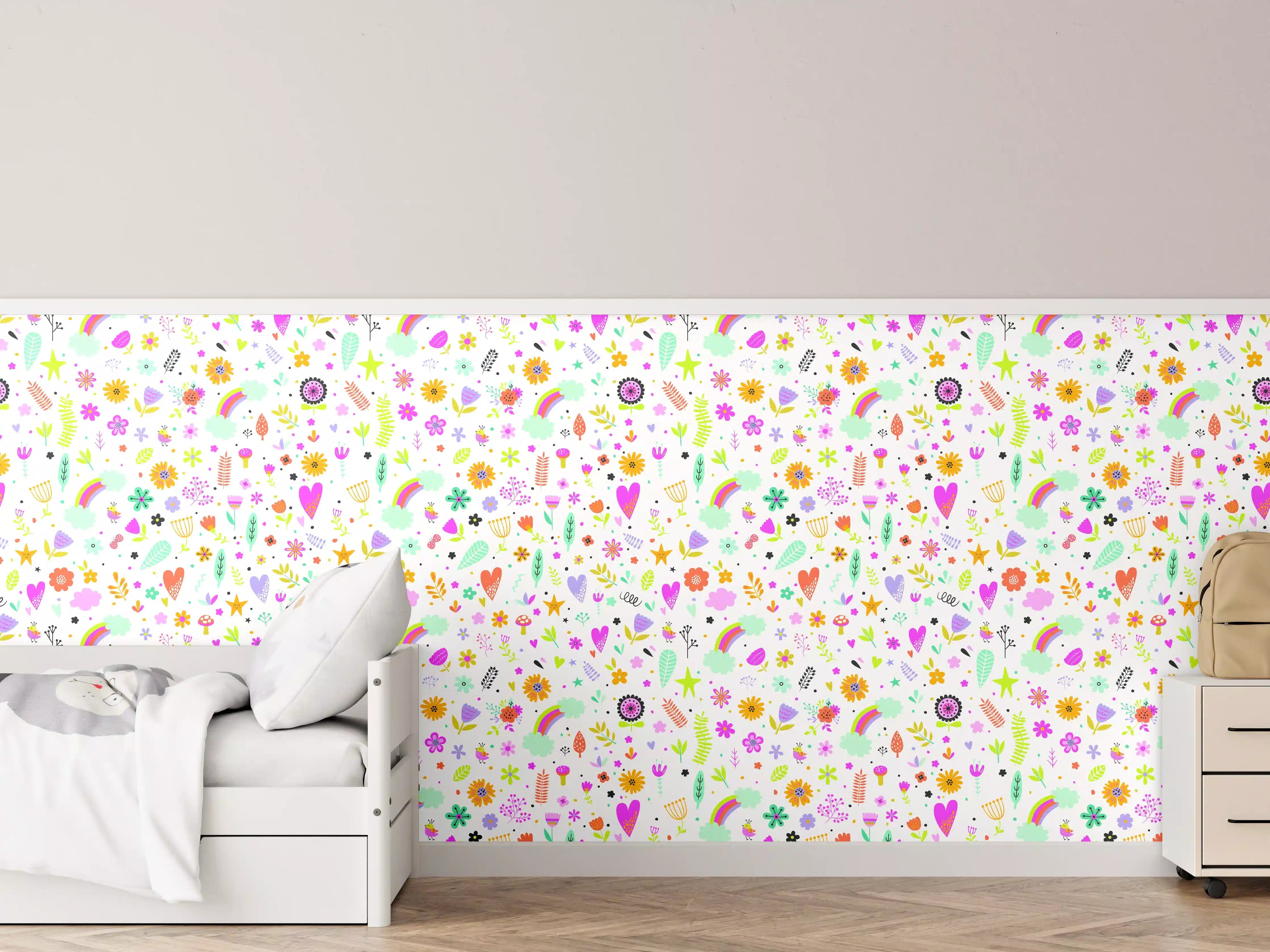 Kinderzimmer Wandgestaltung - Bunte Herz- und Blumenmuster mit Pastellfarben