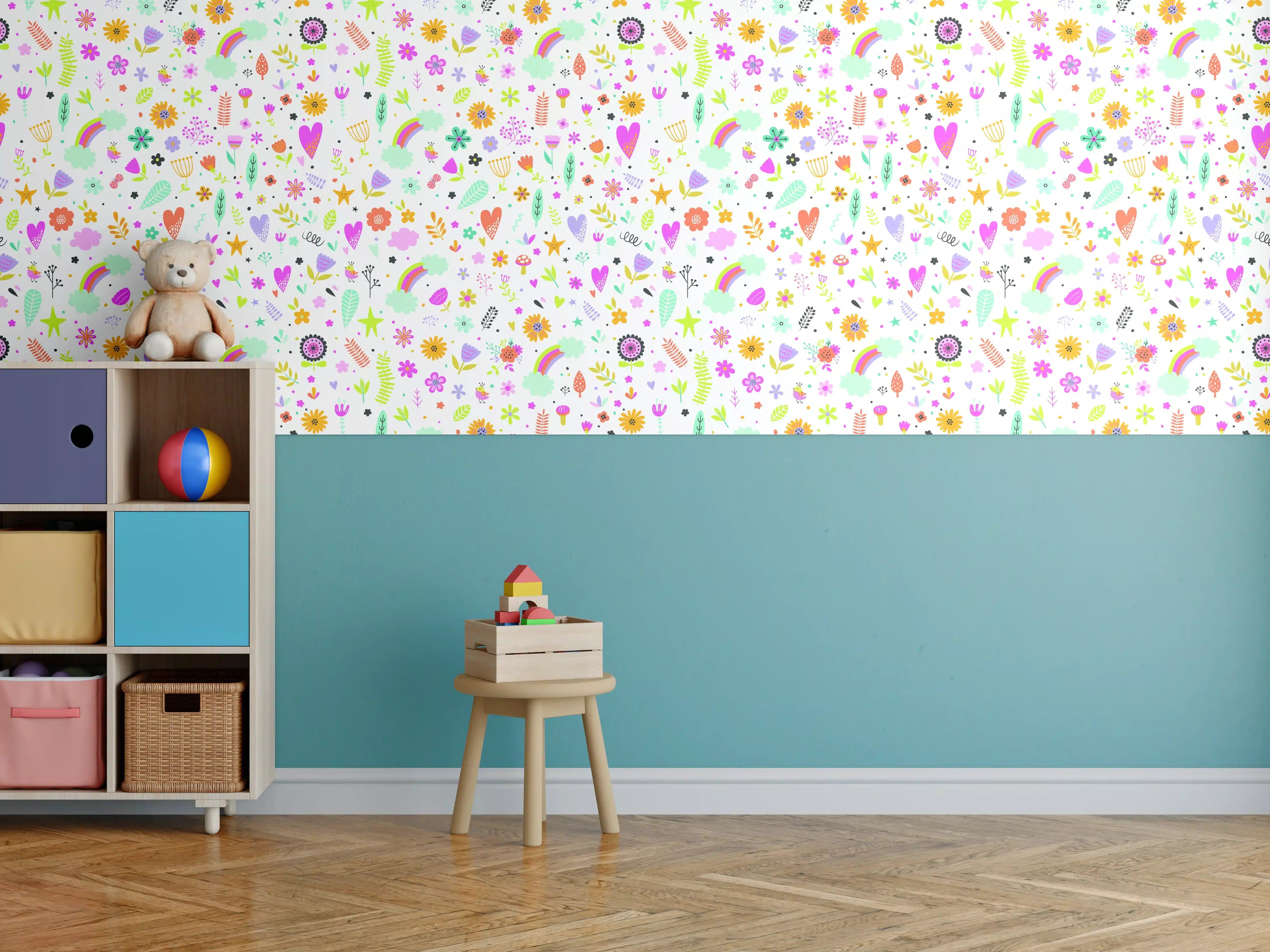 Kinderzimmer Wandgestaltung - Bunte Herz- und Blumenmuster mit Pastellfarben