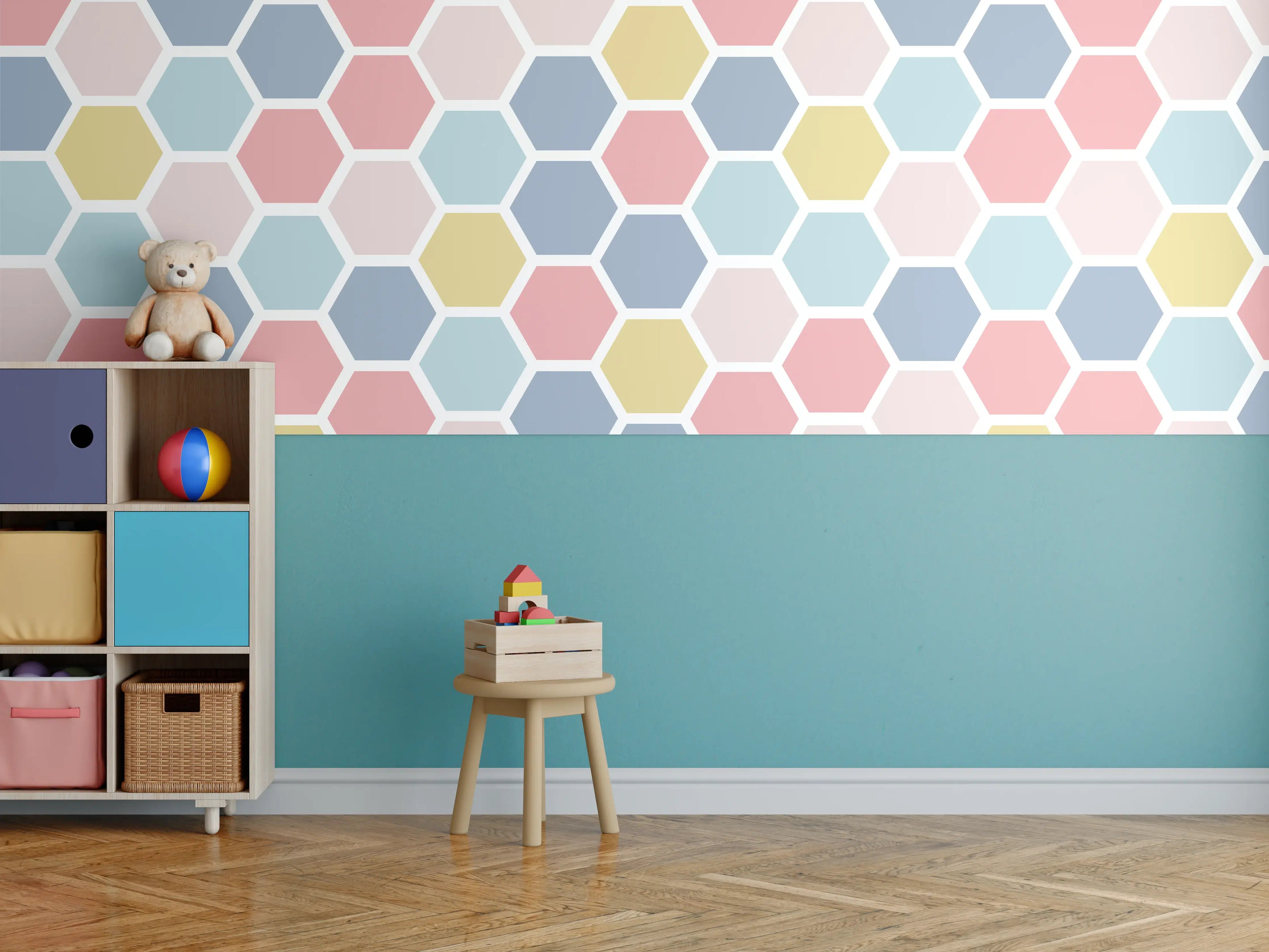 Kinderzimmer Wandgestaltung - Bunte Hexagon-Muster Tapete