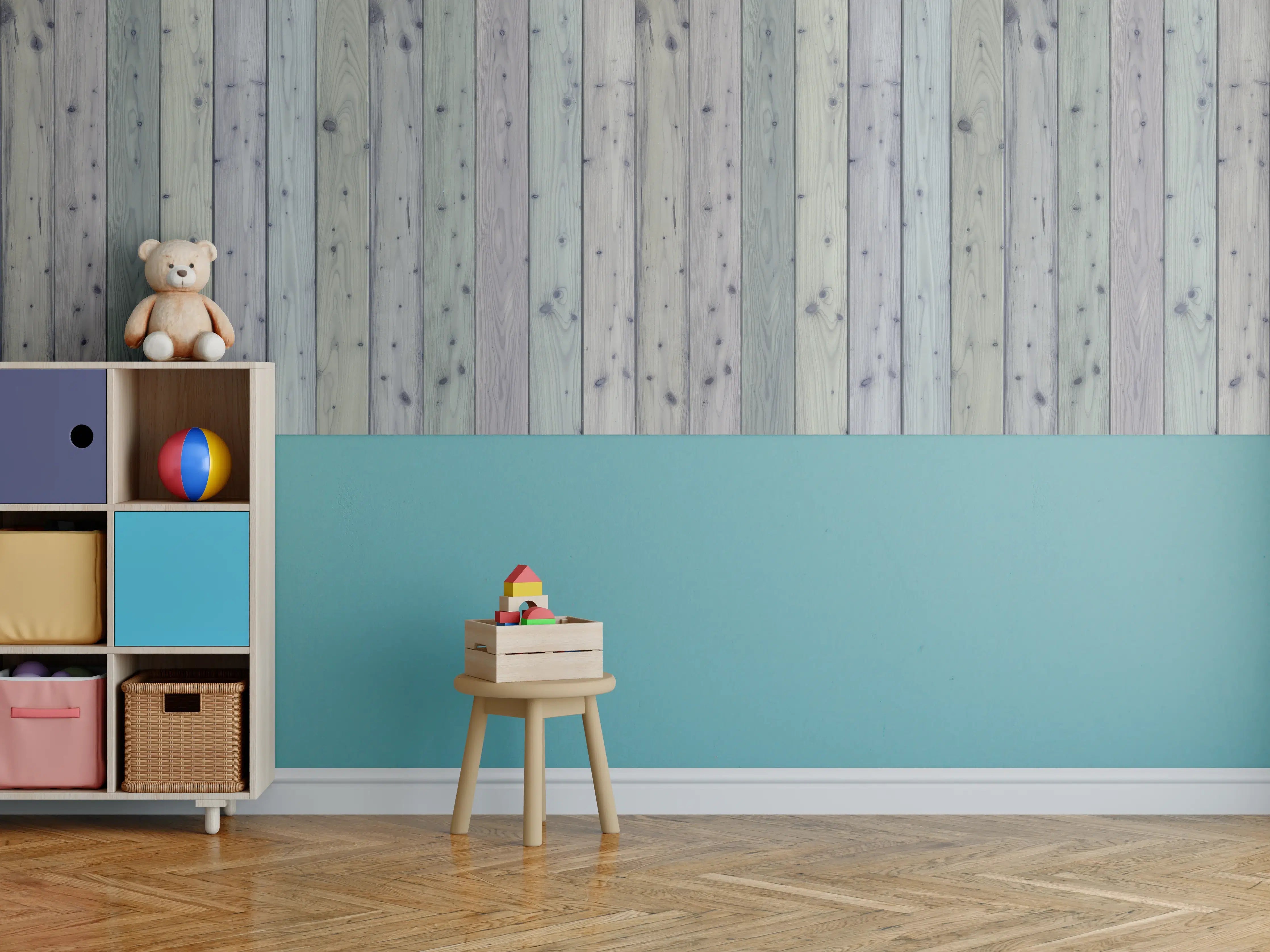 Kinderzimmer Wandgestaltung - Bunte Holz Wand Textur